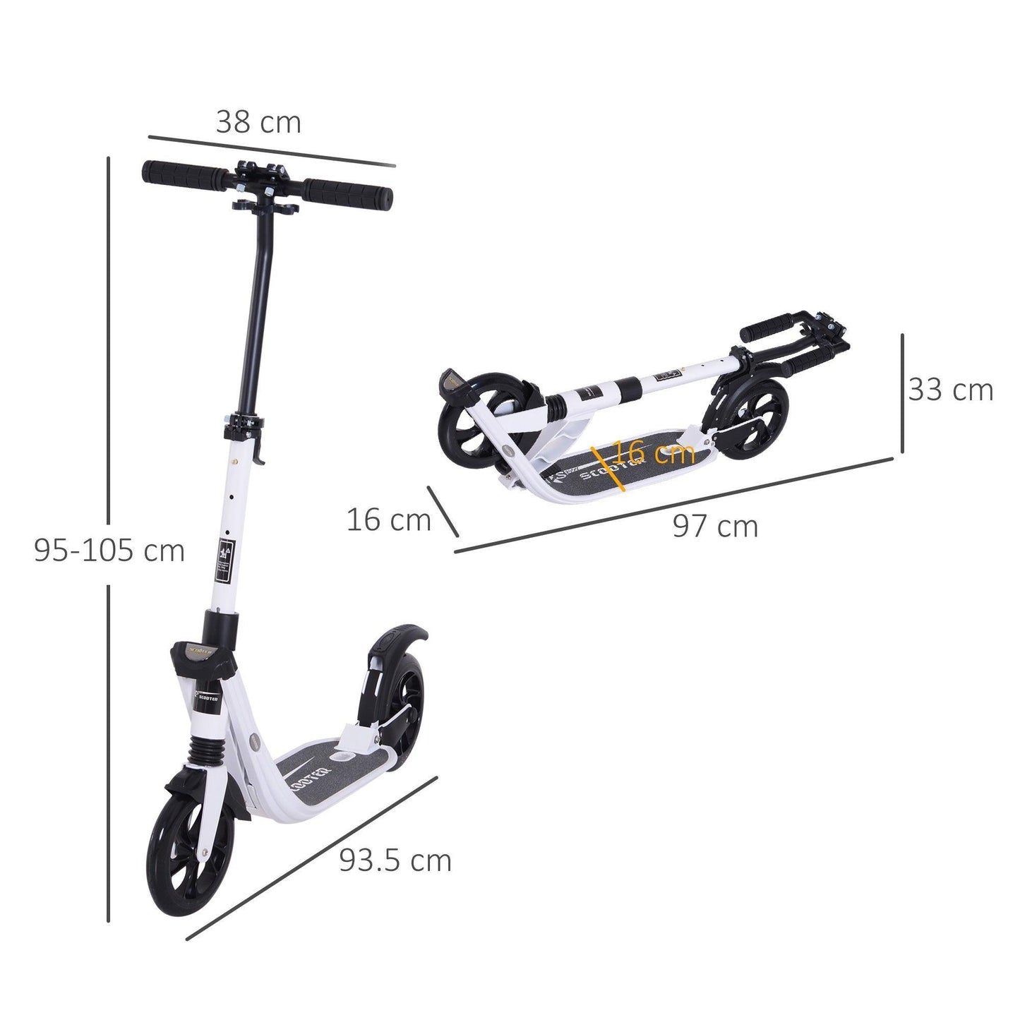 HOMCOM Urban Scooter: Adjustable Height & Shock Absorption, White - ALL4U RETAILER LTD