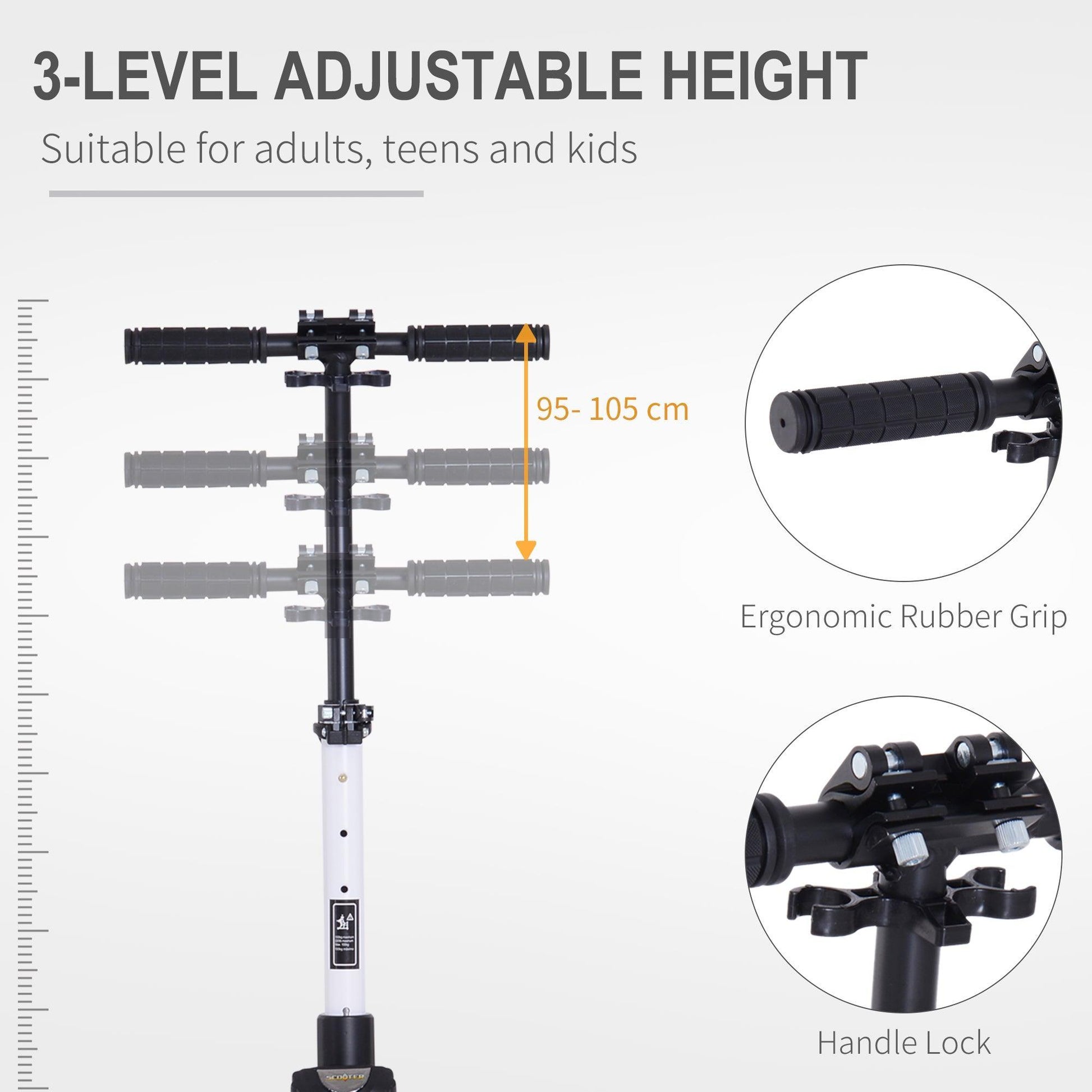 HOMCOM Urban Scooter: Adjustable Height & Shock Absorption, White - ALL4U RETAILER LTD