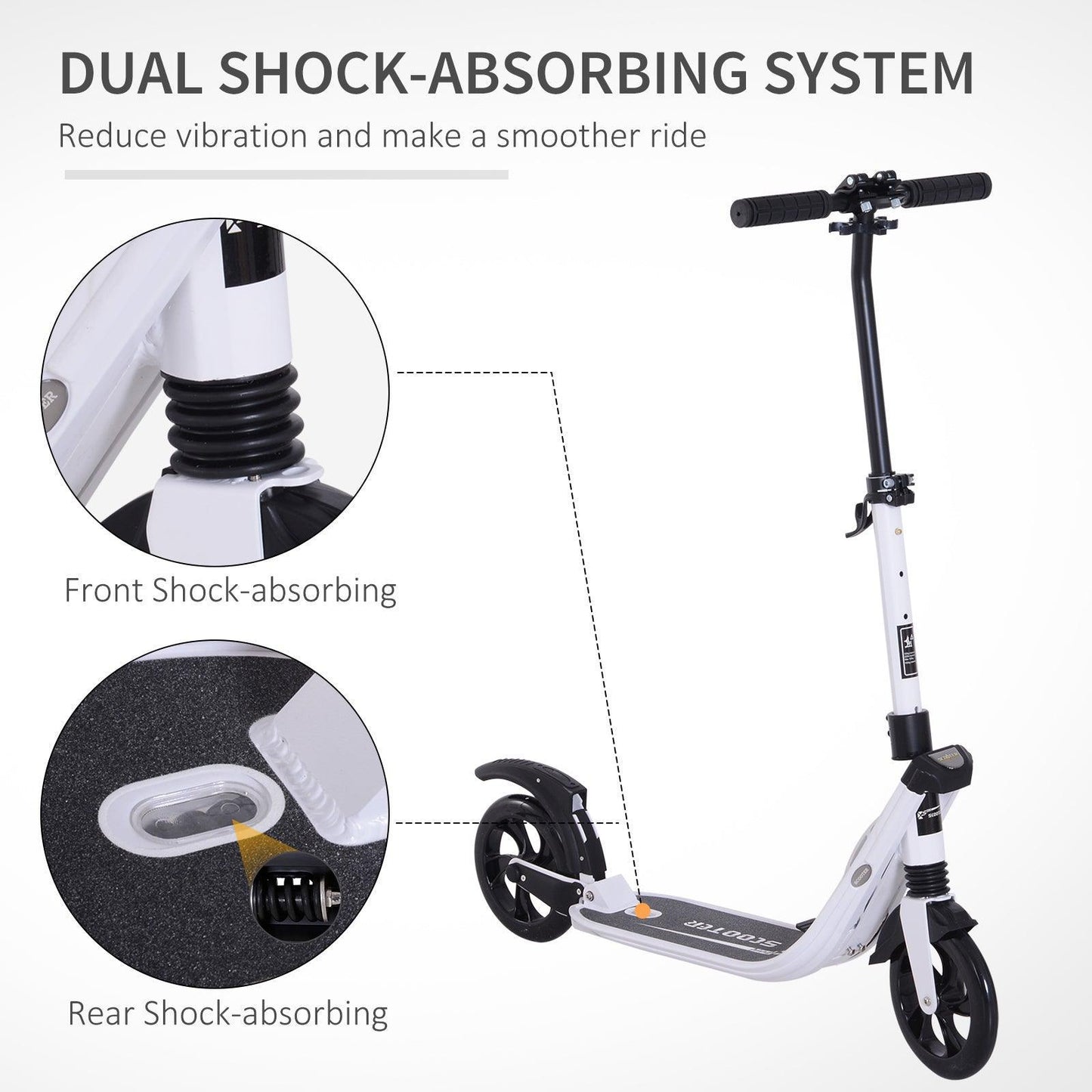 HOMCOM Urban Scooter: Adjustable Height & Shock Absorption, White - ALL4U RETAILER LTD