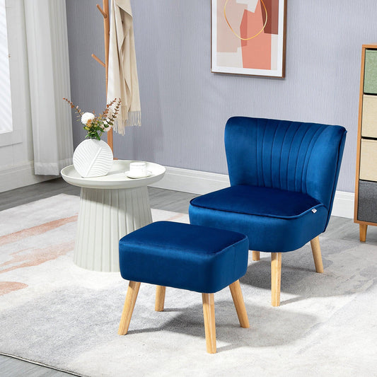 HOMCOM Velvet Chair with Ottoman - Dark Blue - ALL4U RETAILER LTD