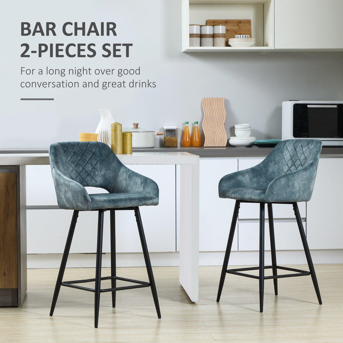 HOMCOM Velvet-Touch Kitchen Bar Stools (Set of 2) - ALL4U RETAILER LTD