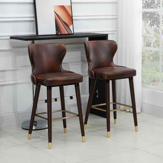 HOMCOM Vintage Bar Stools: 2-Pack, Leather, Backrest, Brown - ALL4U RETAILER LTD