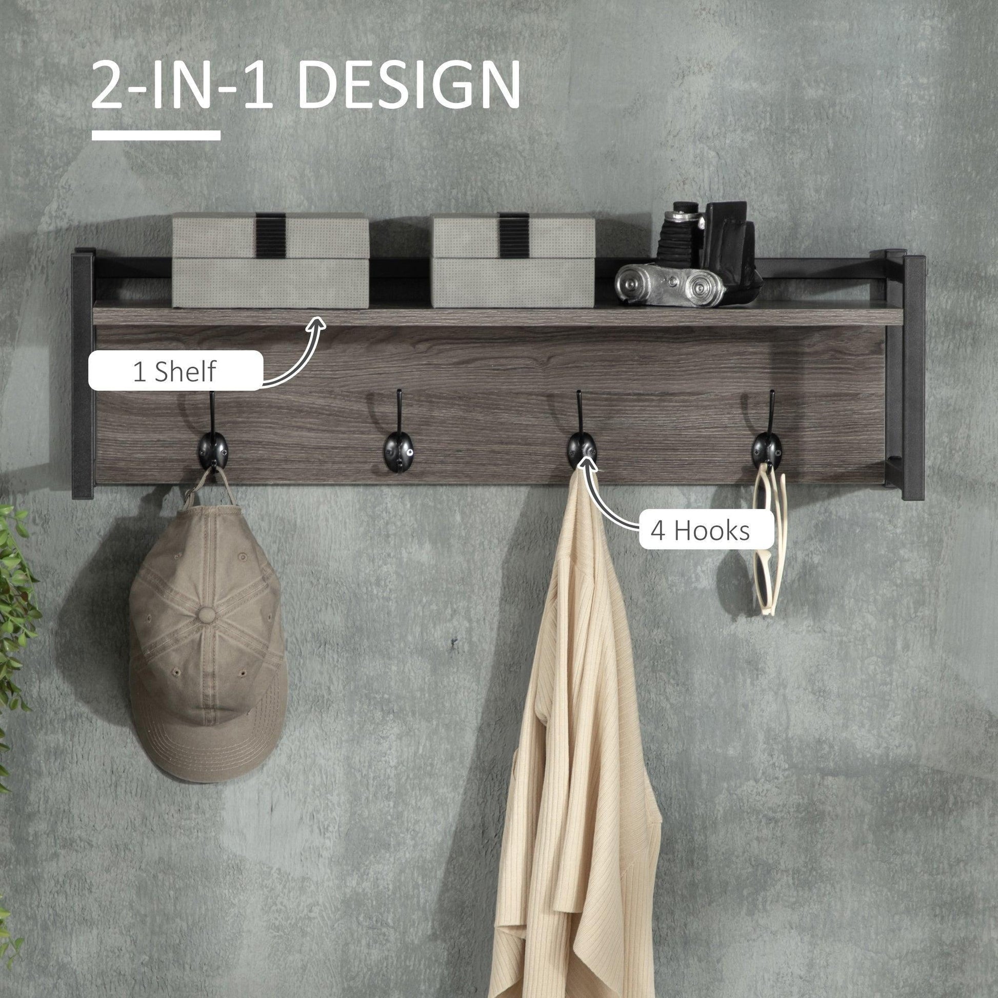 HOMCOM Wall-Mounted Coat Rack with Storage Shelf - ALL4U RETAILER LTD