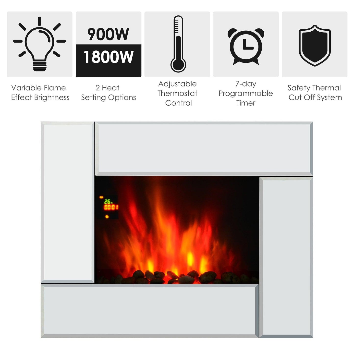 HOMCOM Wall Mounted Electric Fireplace Heater - 7 LED Options - ALL4U RETAILER LTD