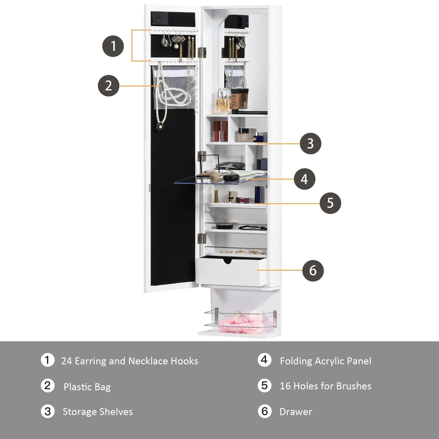 HOMCOM Wall Mounted Jewellery Storage Mirror Cabinet - ALL4U RETAILER LTD