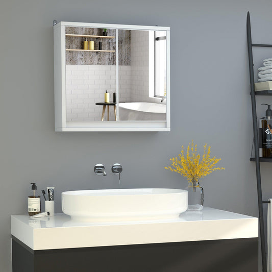 HOMCOM Wall-Mounted Mirror Cabinet - Double Door Bathroom Storage - ALL4U RETAILER LTD