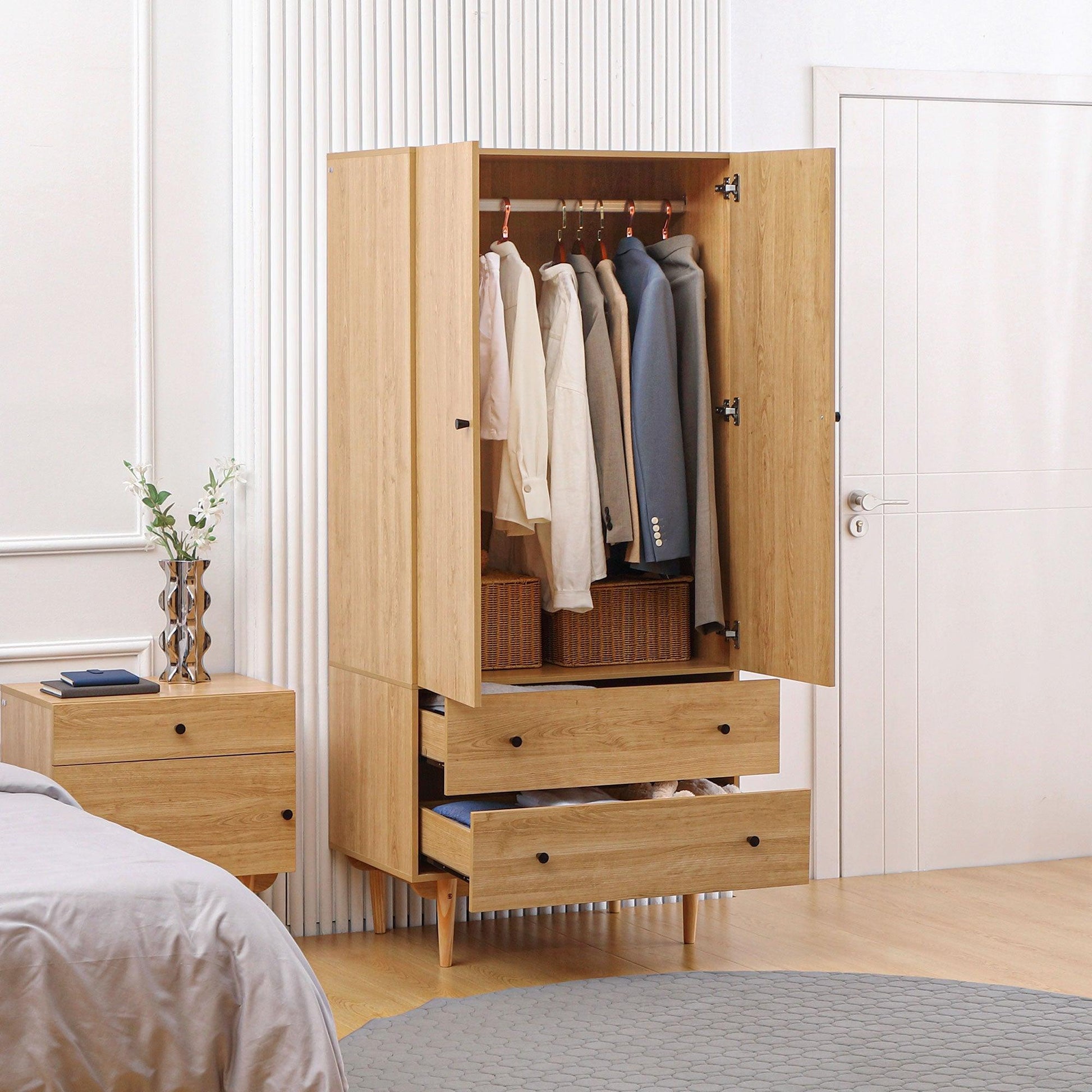 HOMCOM Wardrobe - 2 Doors, 2 Drawers, Hanging Rail - Natural Tone - ALL4U RETAILER LTD