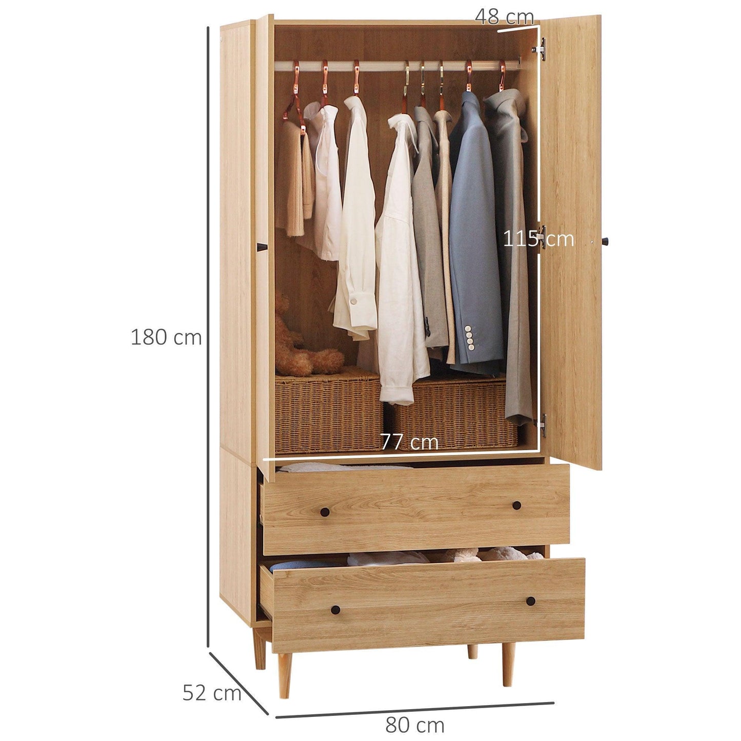 HOMCOM Wardrobe - 2 Doors, 2 Drawers, Hanging Rail - Natural Tone - ALL4U RETAILER LTD