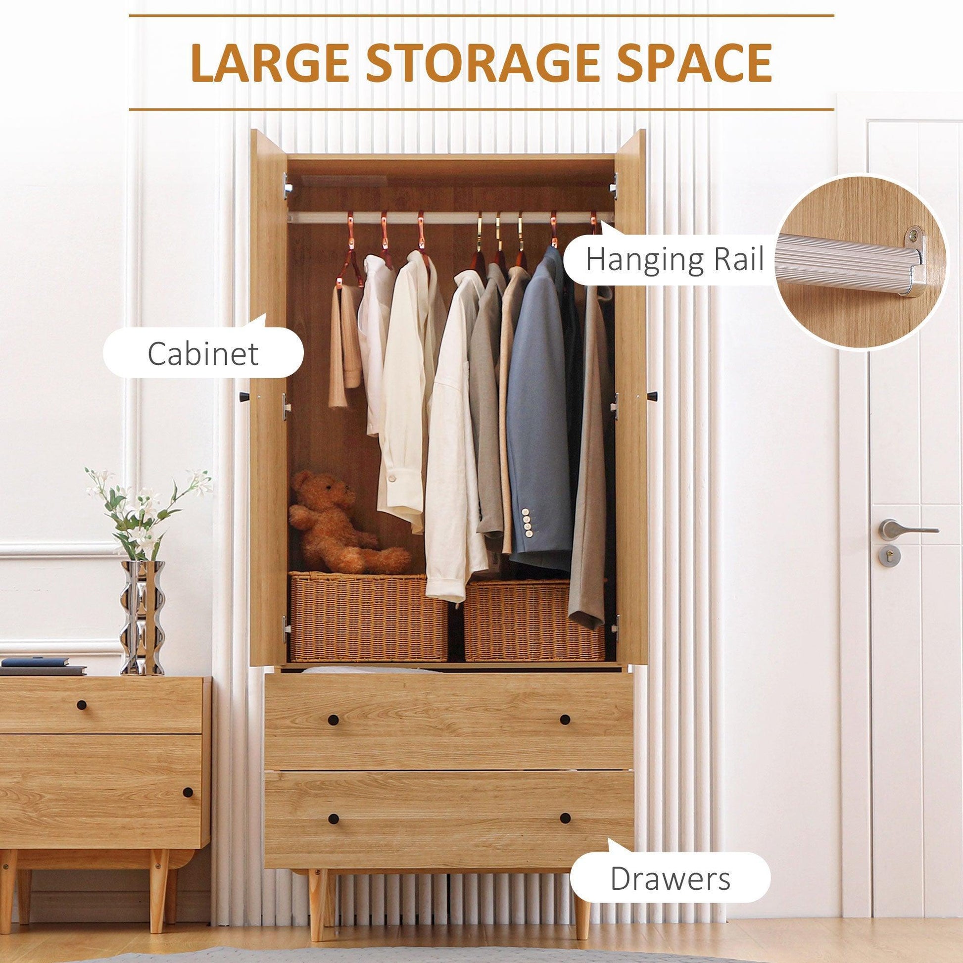 HOMCOM Wardrobe - 2 Doors, 2 Drawers, Hanging Rail - Natural Tone - ALL4U RETAILER LTD