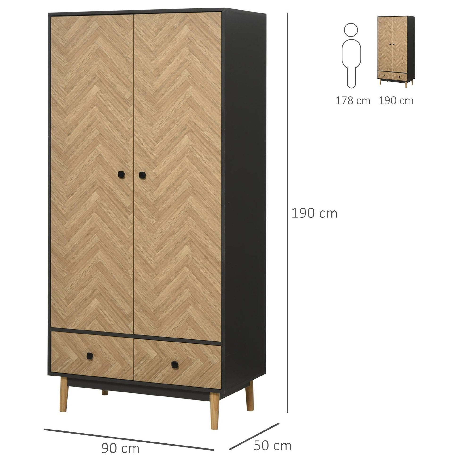 HOMCOM Wardrobe Cabinet: Wood Grain, Shelf, Rod, 2 Drawers - ALL4U RETAILER LTD