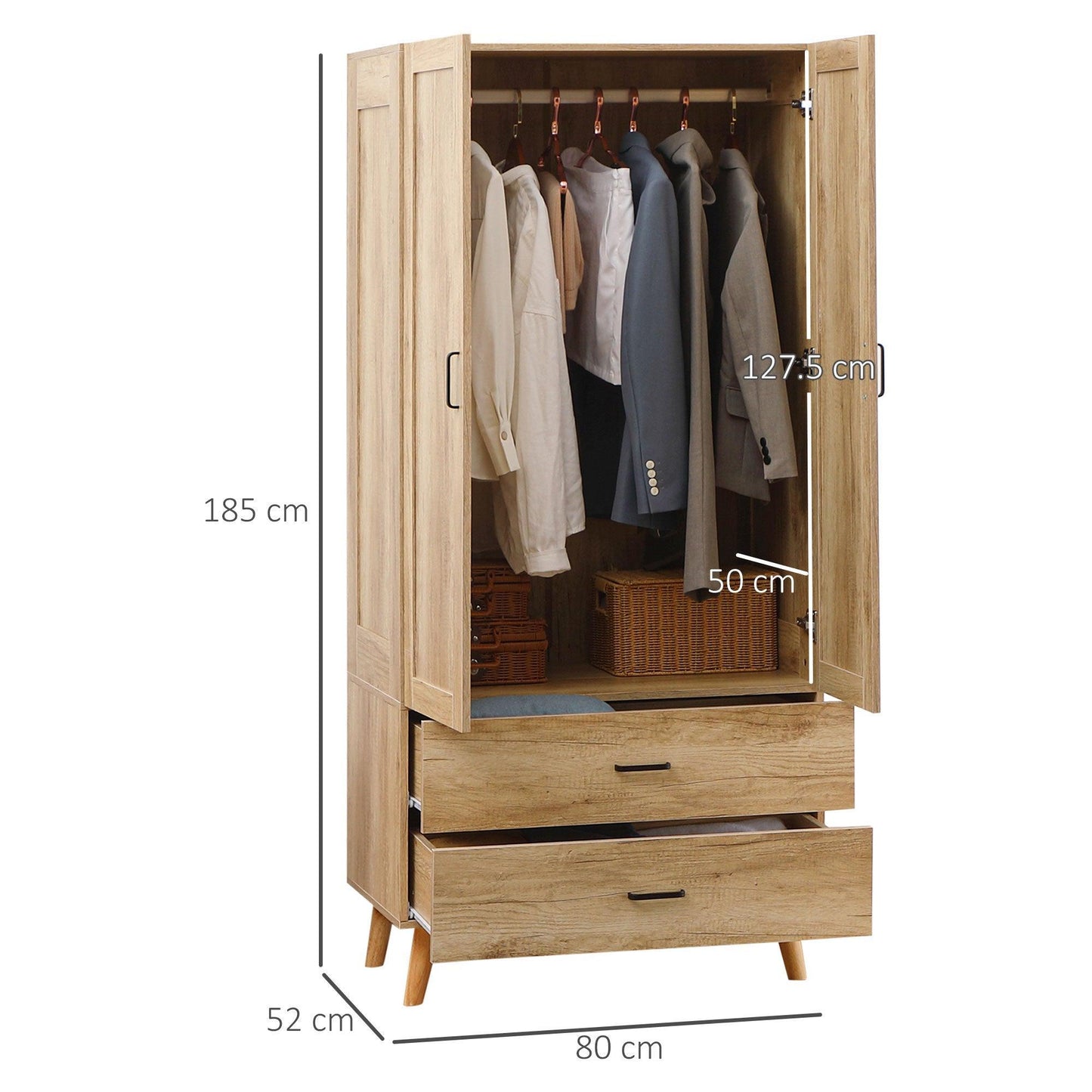 HOMCOM Wardrobe: Modern 2-Door with Drawers - ALL4U RETAILER LTD