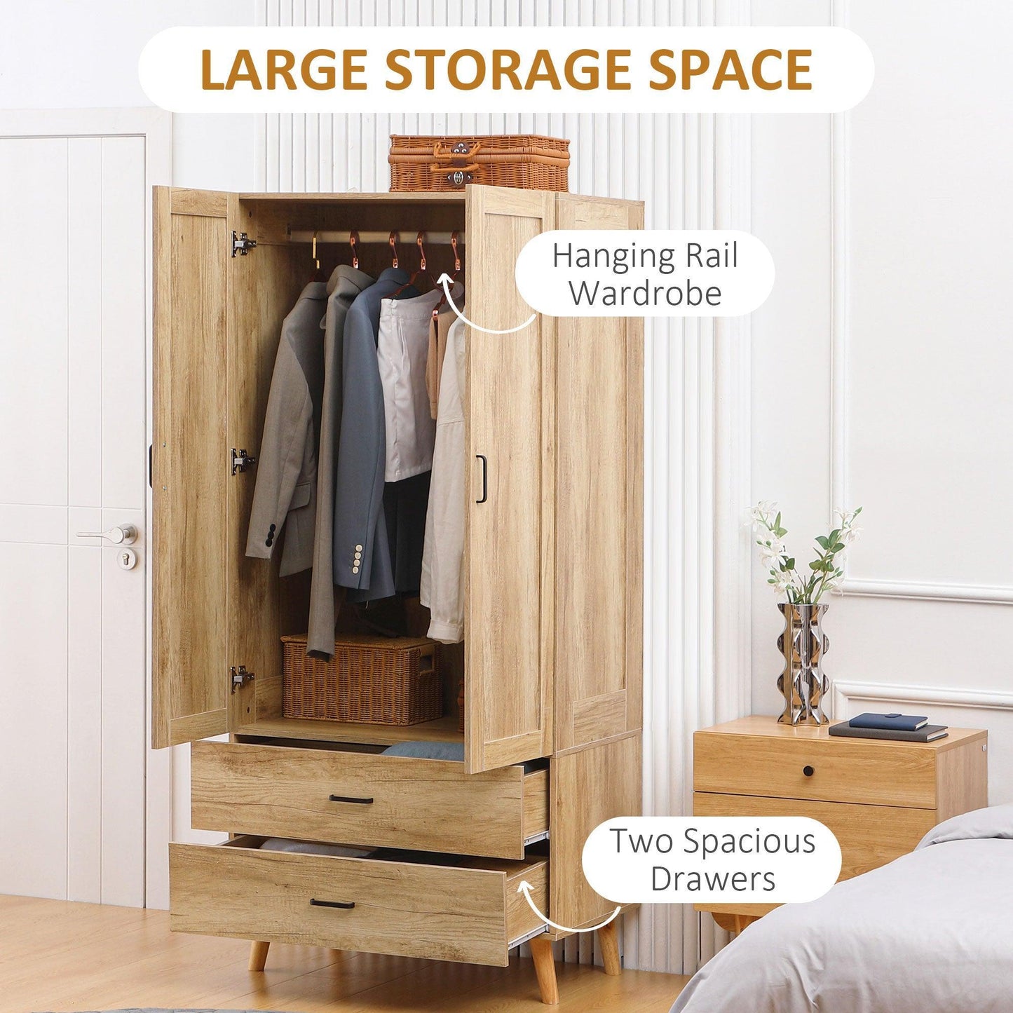 HOMCOM Wardrobe: Modern 2-Door with Drawers - ALL4U RETAILER LTD