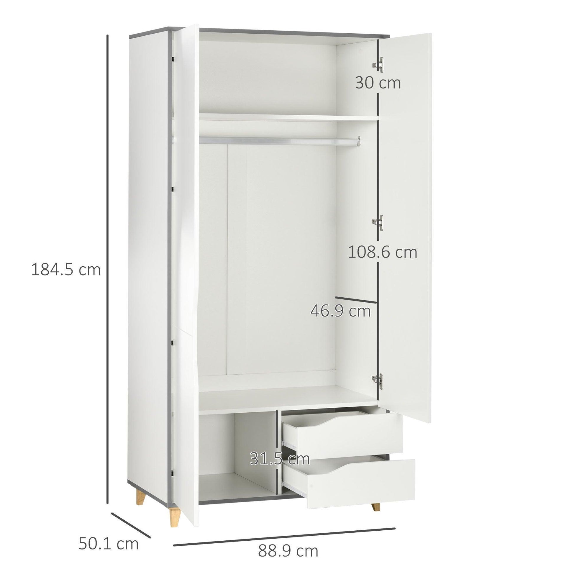 HOMCOM Wardrobe with 2 Doors, 2 Drawers, White - ALL4U RETAILER LTD