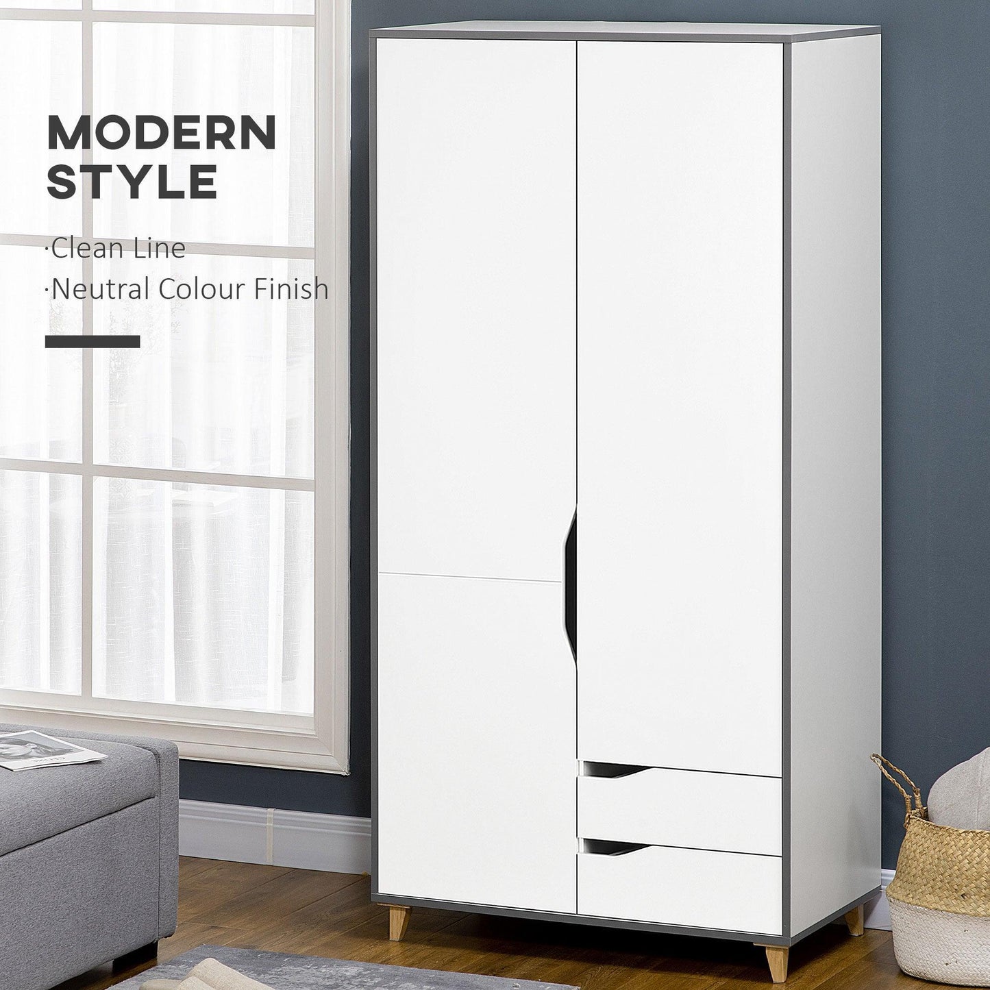 HOMCOM Wardrobe with 2 Doors, 2 Drawers, White - ALL4U RETAILER LTD