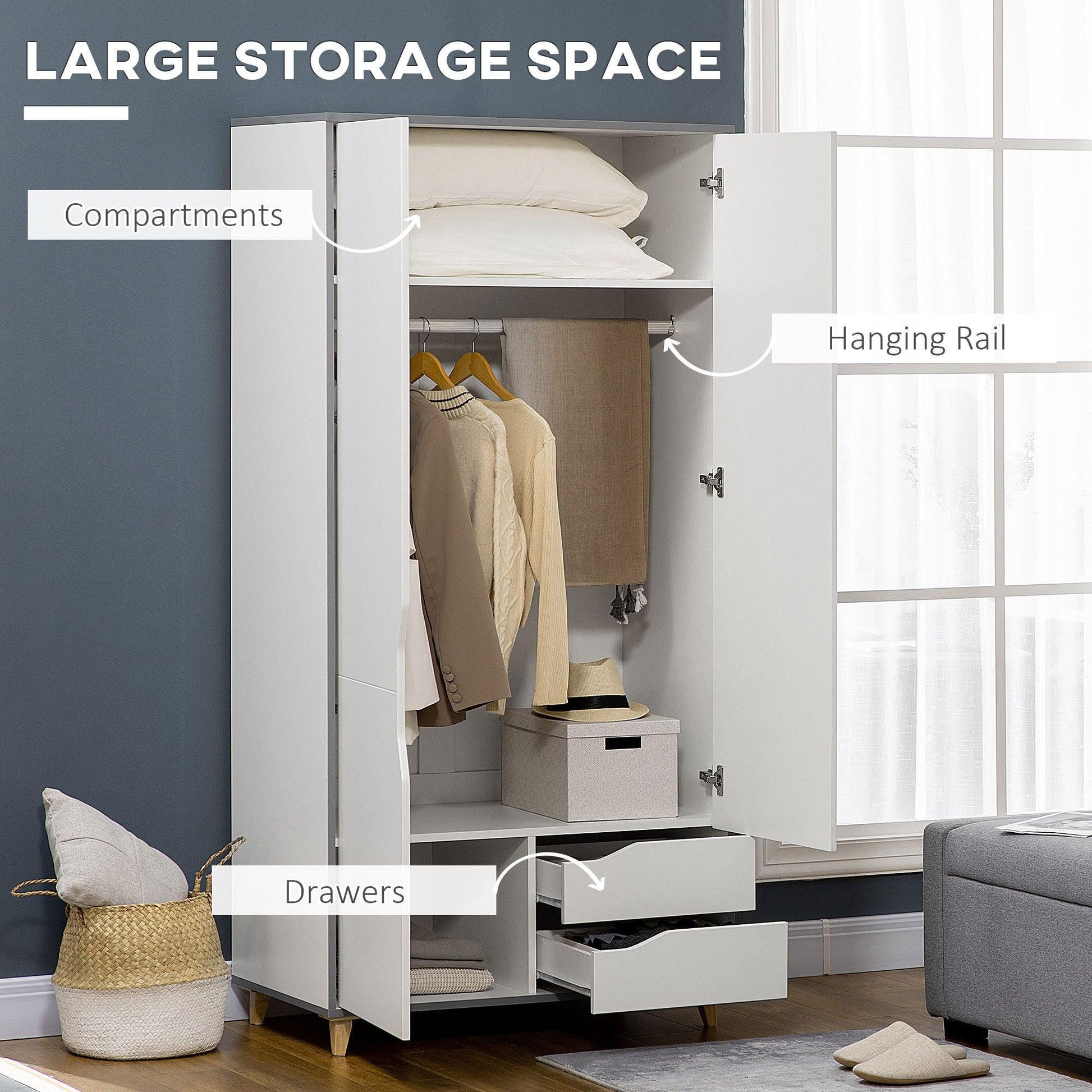 HOMCOM Wardrobe with 2 Doors, 2 Drawers, White - ALL4U RETAILER LTD