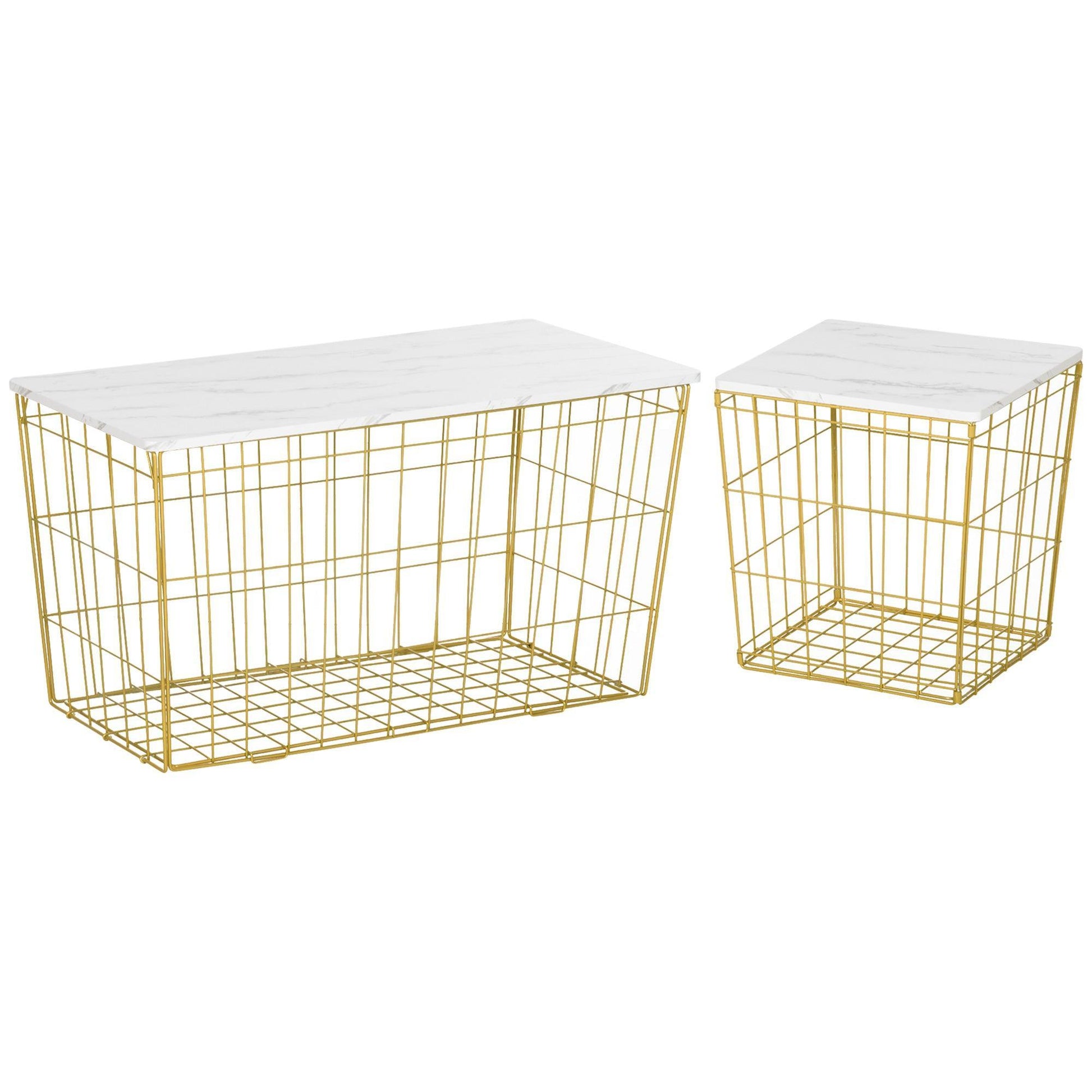 HOMCOM White and Gold End Tables with Storage and Faux Marble Top - ALL4U RETAILER LTD