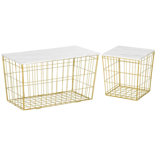 HOMCOM White and Gold End Tables with Storage and Faux Marble Top - ALL4U RETAILER LTD