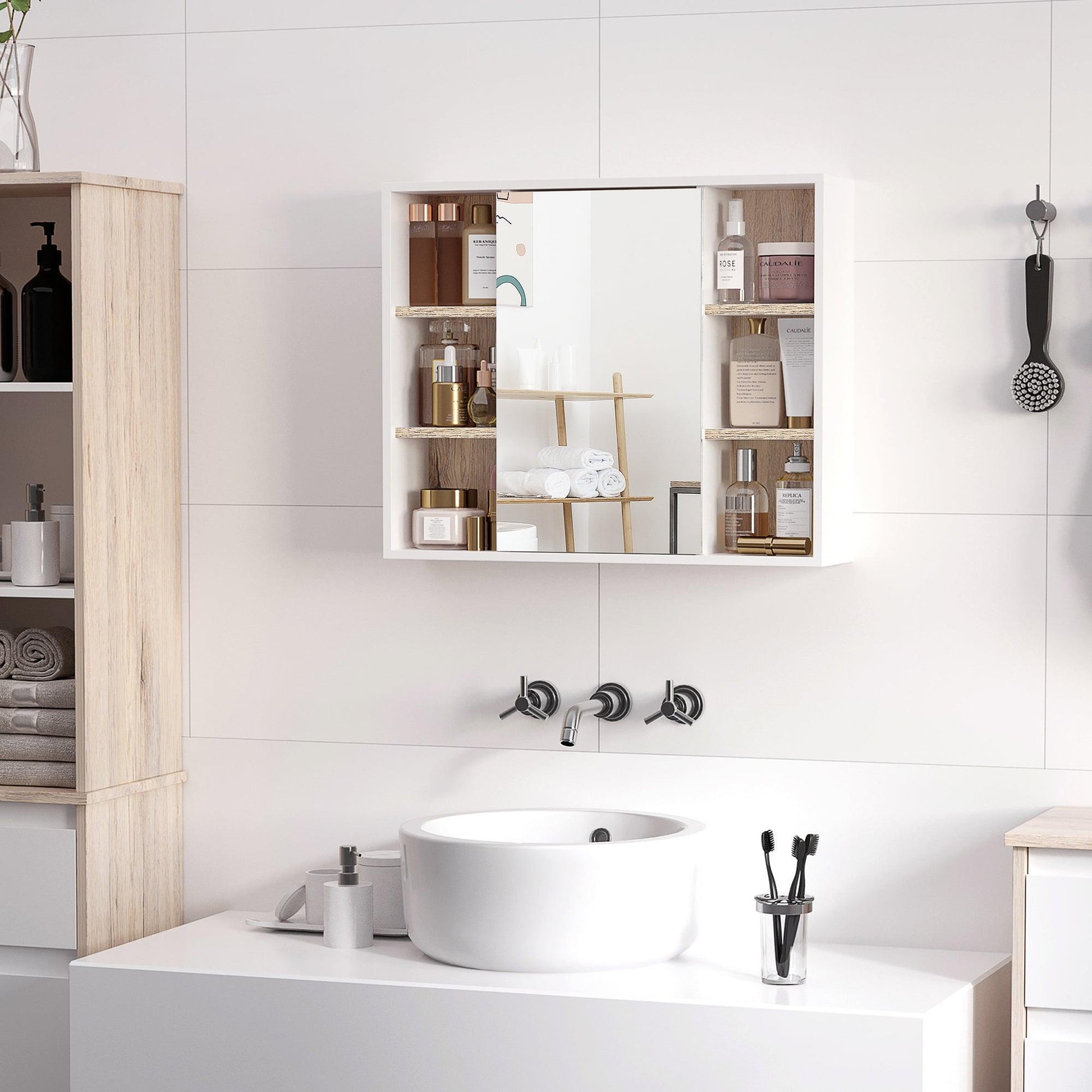 HOMCOM White Bathroom Mirror Cabinet with Storage Shelf - ALL4U RETAILER LTD