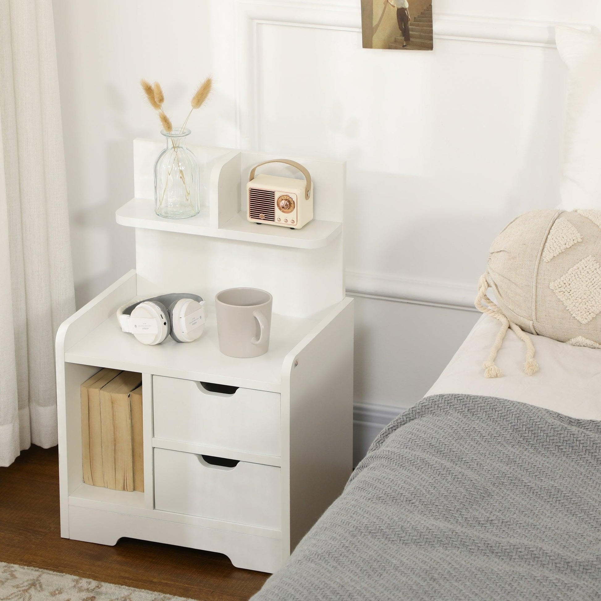 HOMCOM White Bedside Table with Storage Shelves and Drawers - ALL4U RETAILER LTD