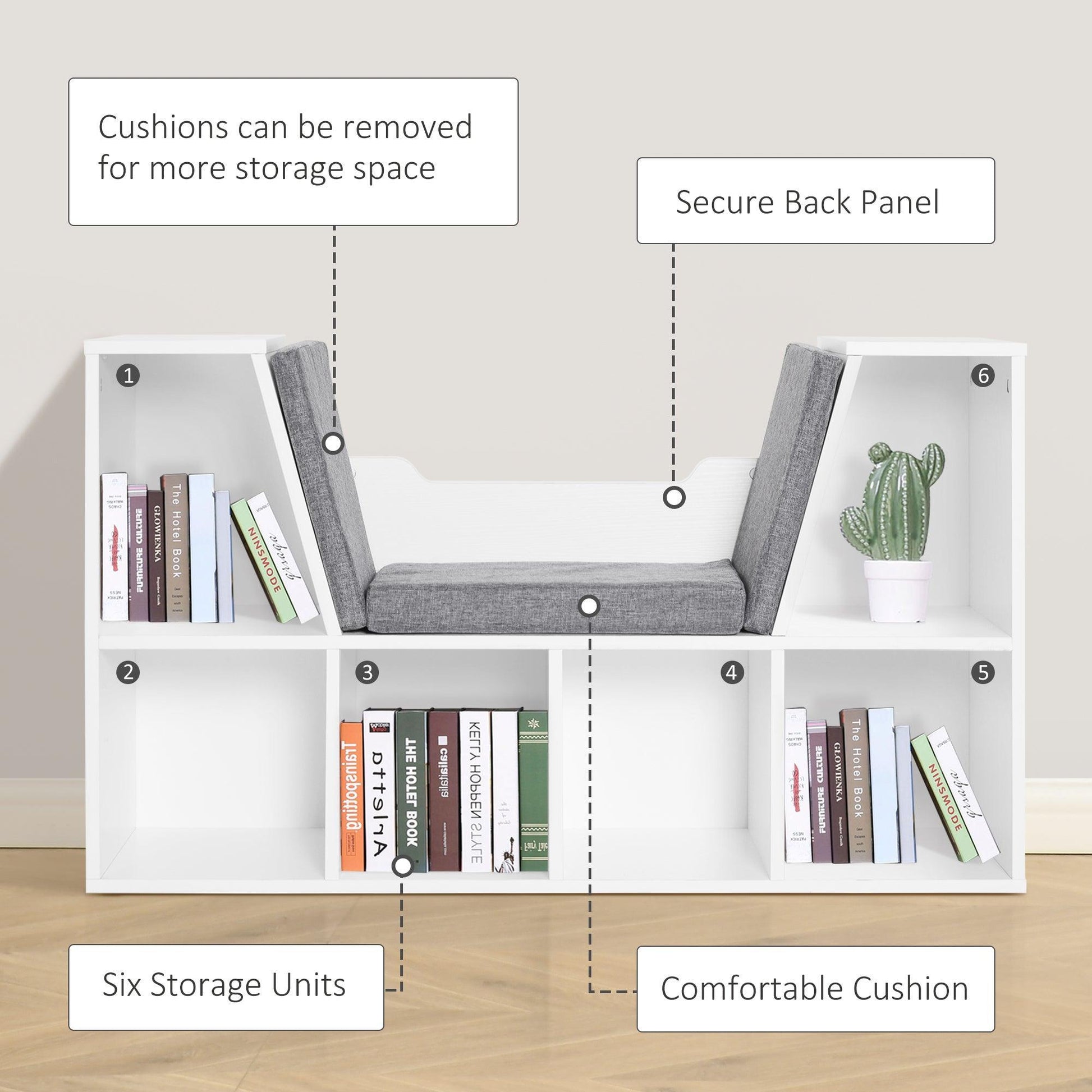 HOMCOM White Bookcase Storage Seat with Cushion - ALL4U RETAILER LTD