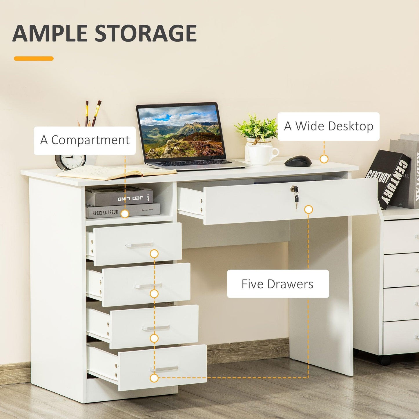 HOMCOM White Computer Desk with Lockable Drawer & Storage - ALL4U RETAILER LTD