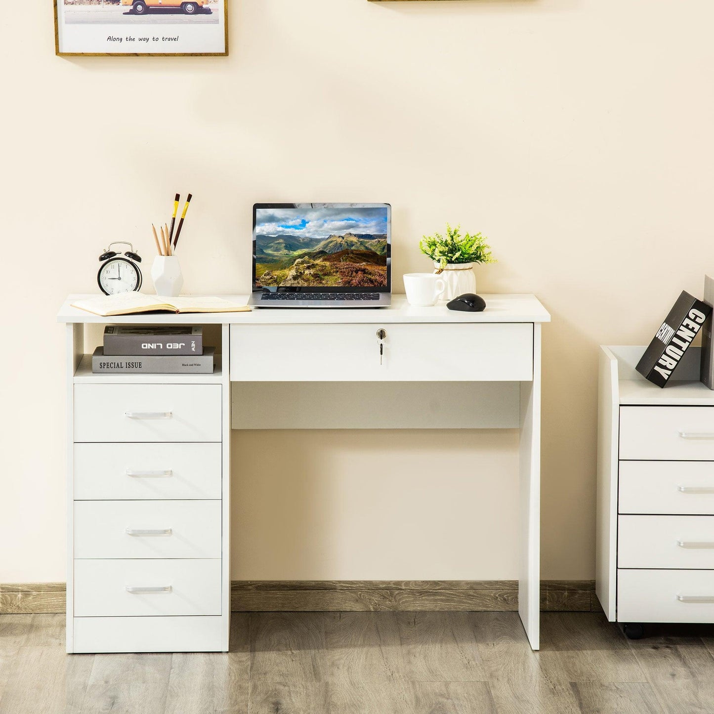 HOMCOM White Computer Desk with Lockable Drawer & Storage - ALL4U RETAILER LTD