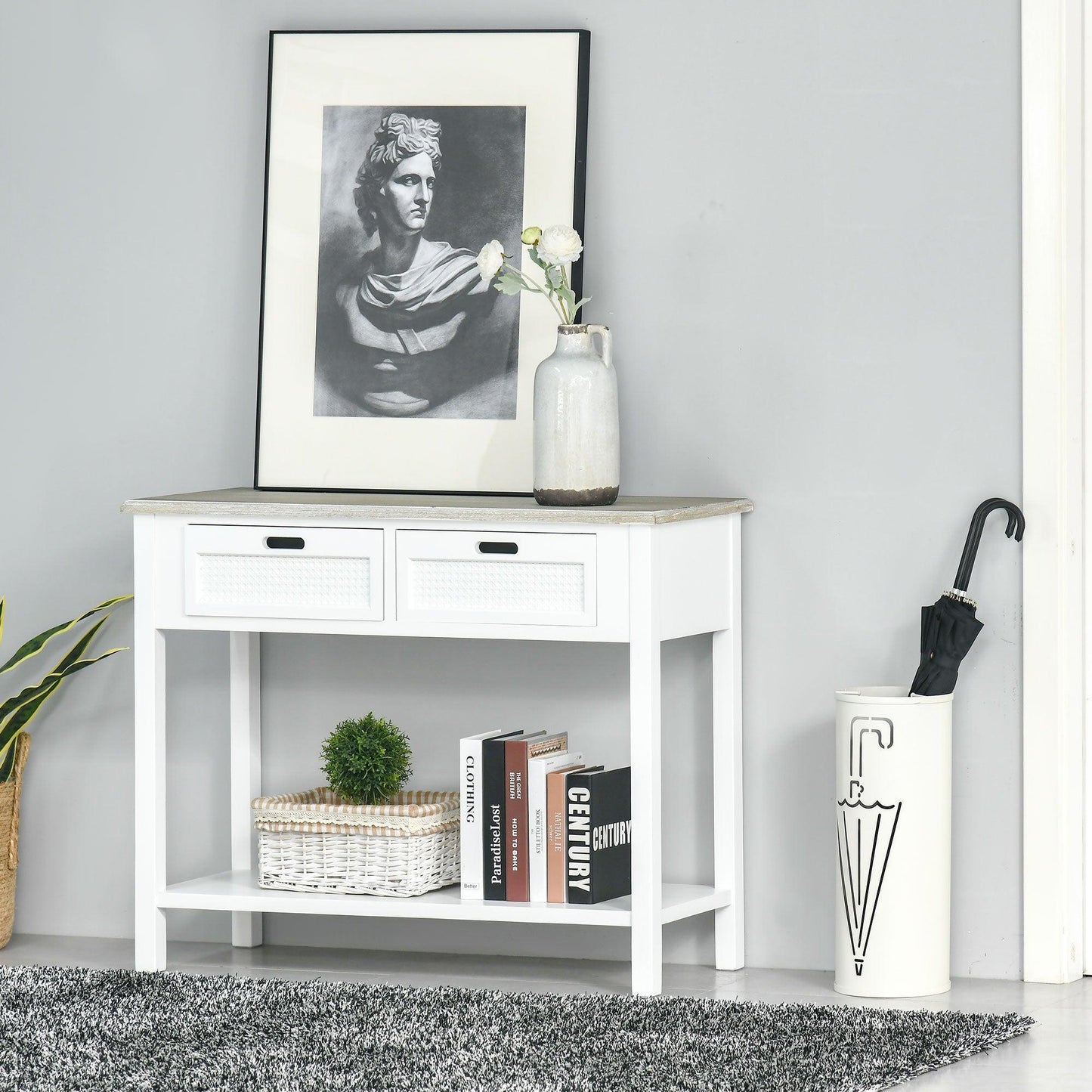 HOMCOM White Console Table: Vintage Distressed Look, 2 Drawers - ALL4U RETAILER LTD