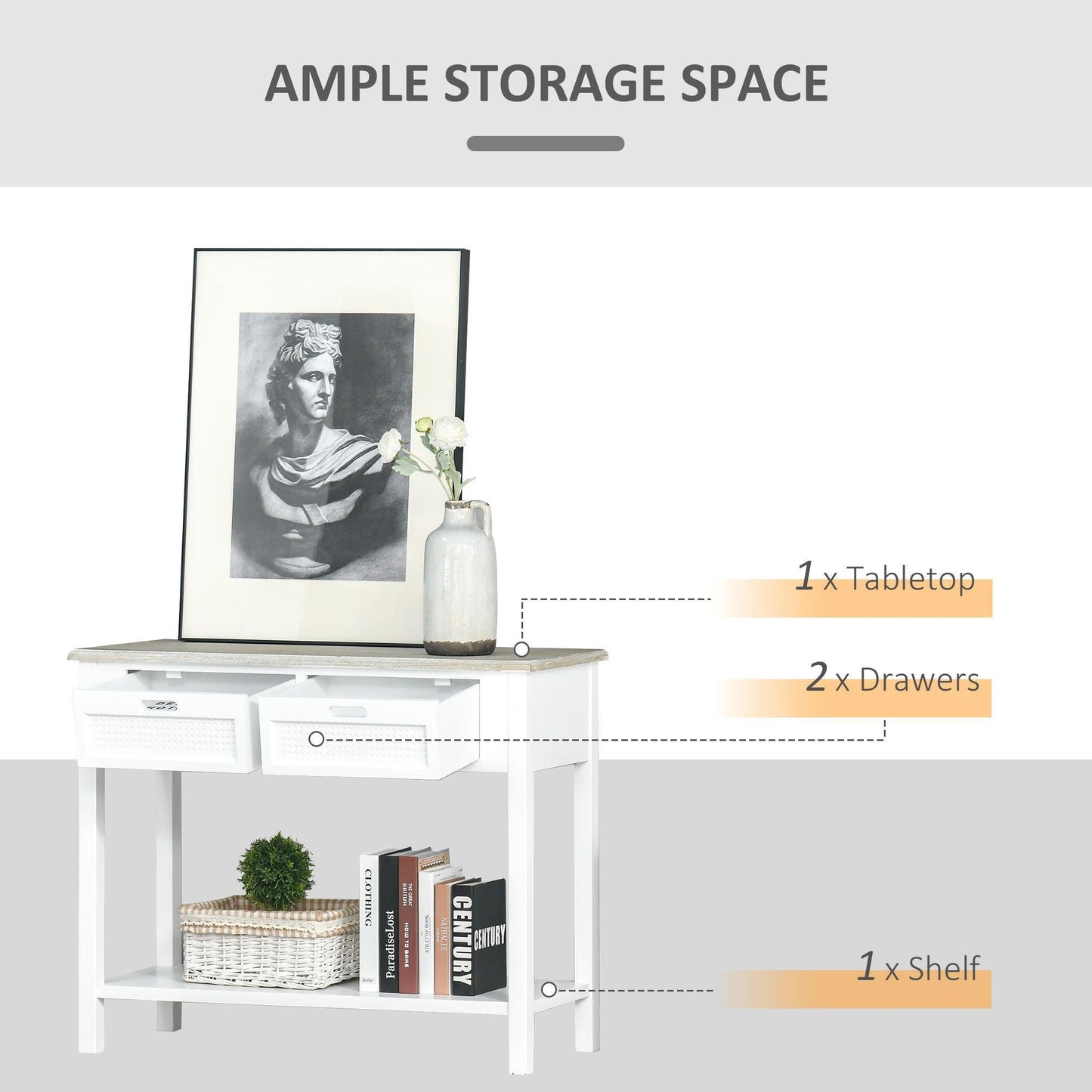 HOMCOM White Console Table: Vintage Distressed Look, 2 Drawers - ALL4U RETAILER LTD