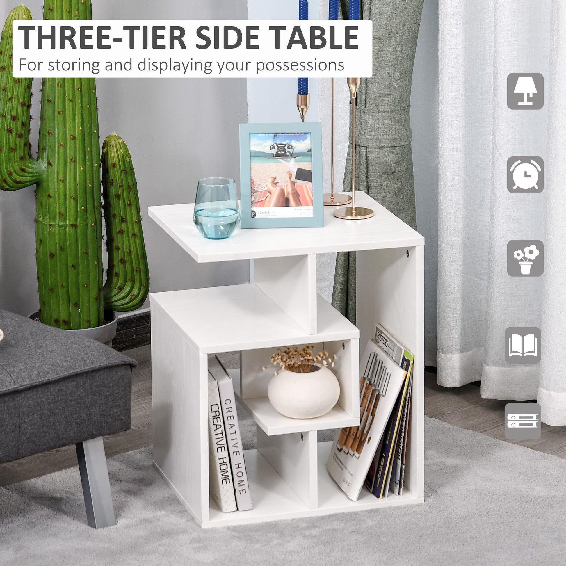 HOMCOM White End Table: 3 Tier Storage Unit - ALL4U RETAILER LTD