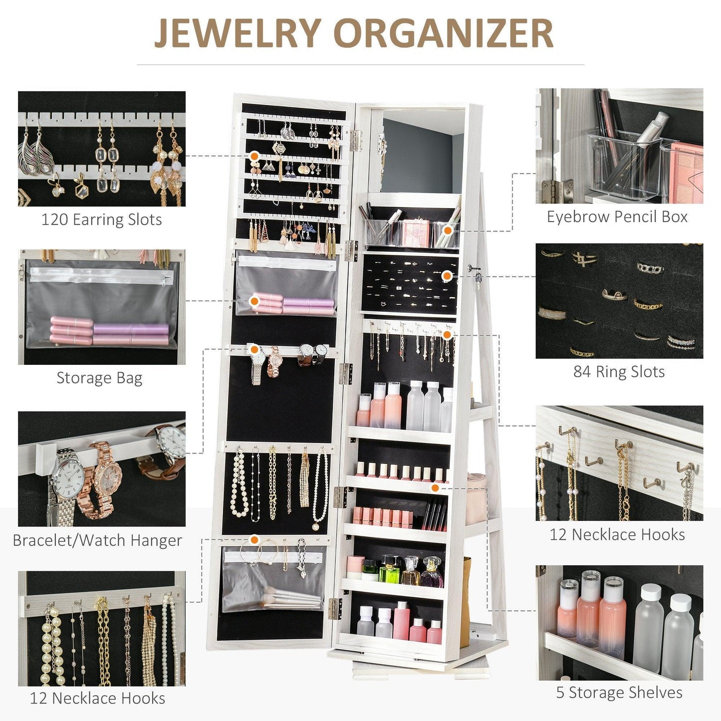 HOMCOM White Jewellery Organiser with Mirror - ALL4U RETAILER LTD