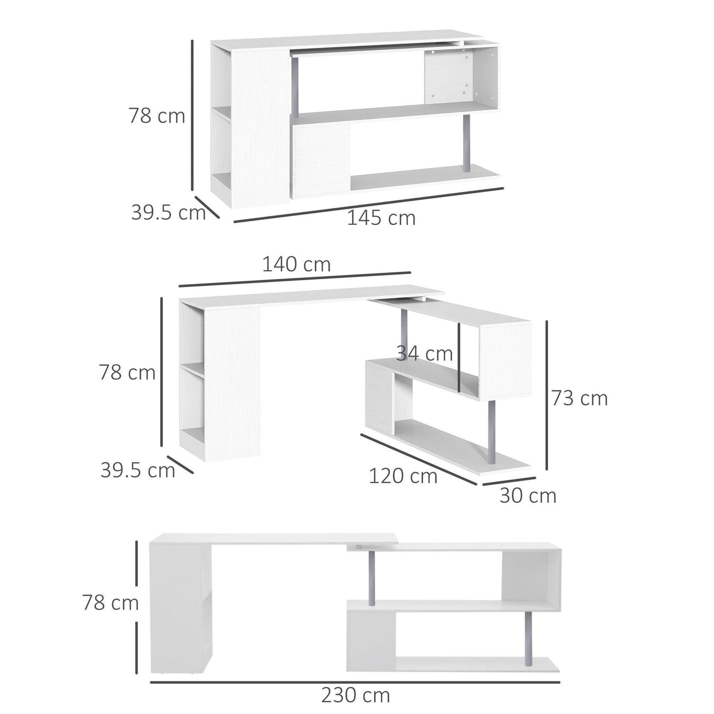 HOMCOM White L-Shaped Corner Desk - 360° Rotation & Storage - ALL4U RETAILER LTD