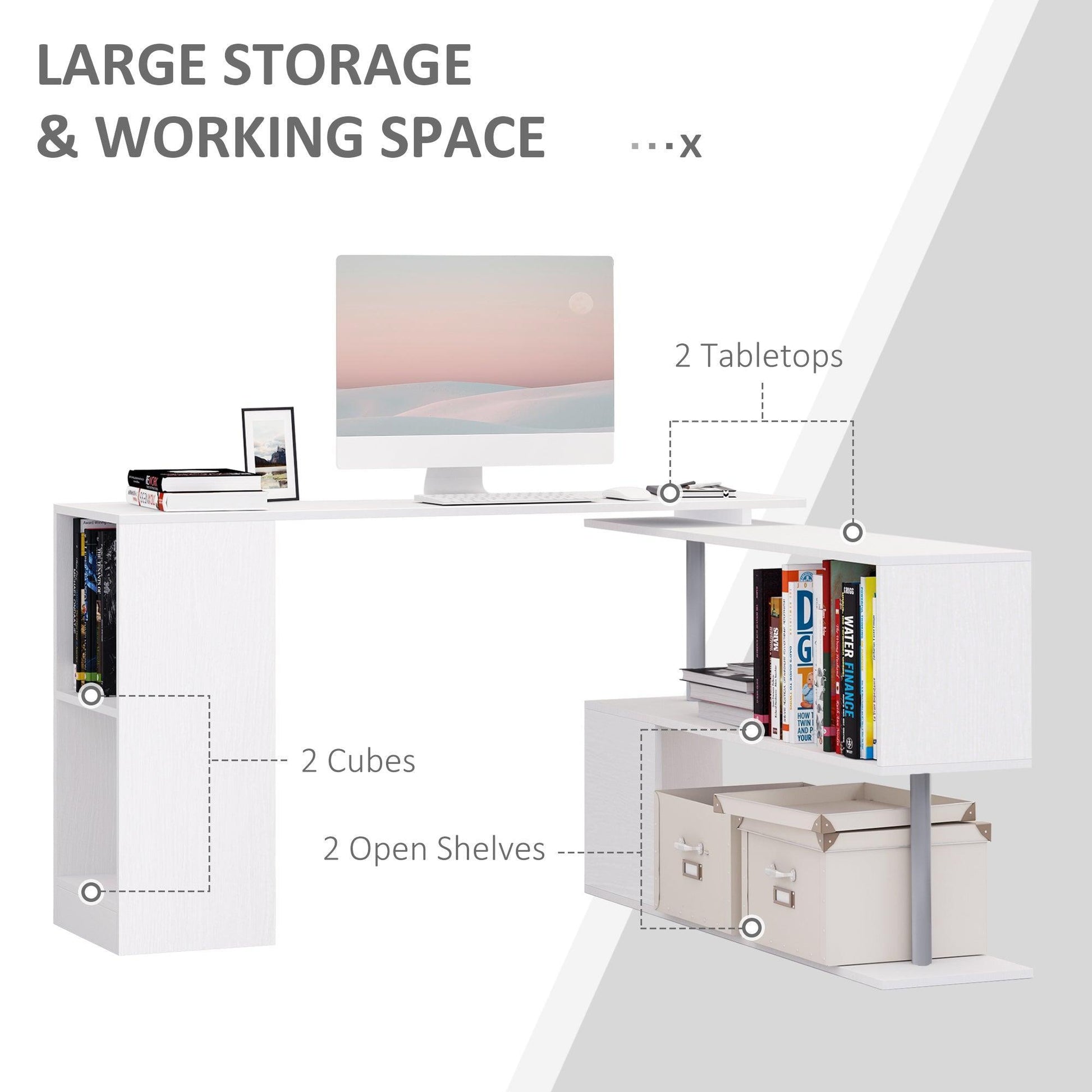 HOMCOM White L-Shaped Corner Desk - 360° Rotation & Storage - ALL4U RETAILER LTD