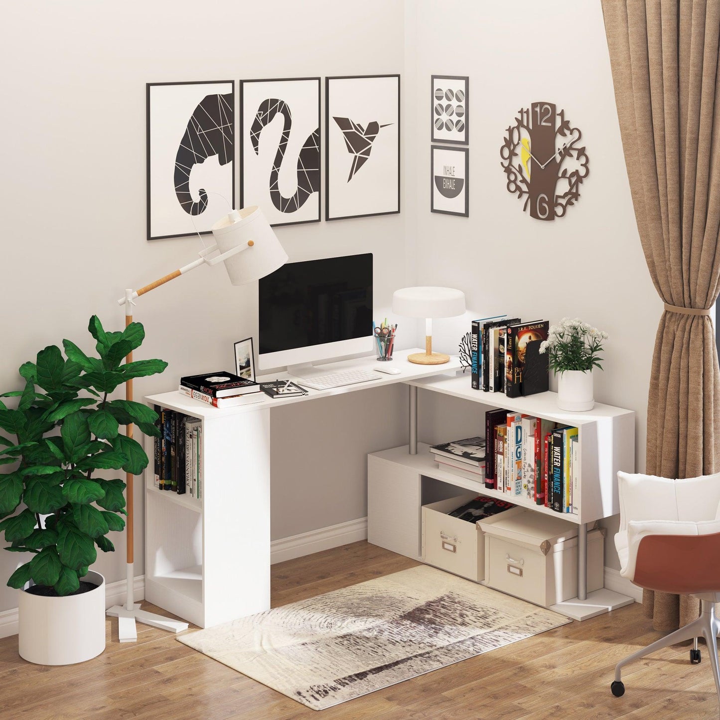 HOMCOM White L-Shaped Corner Desk - 360° Rotation & Storage - ALL4U RETAILER LTD