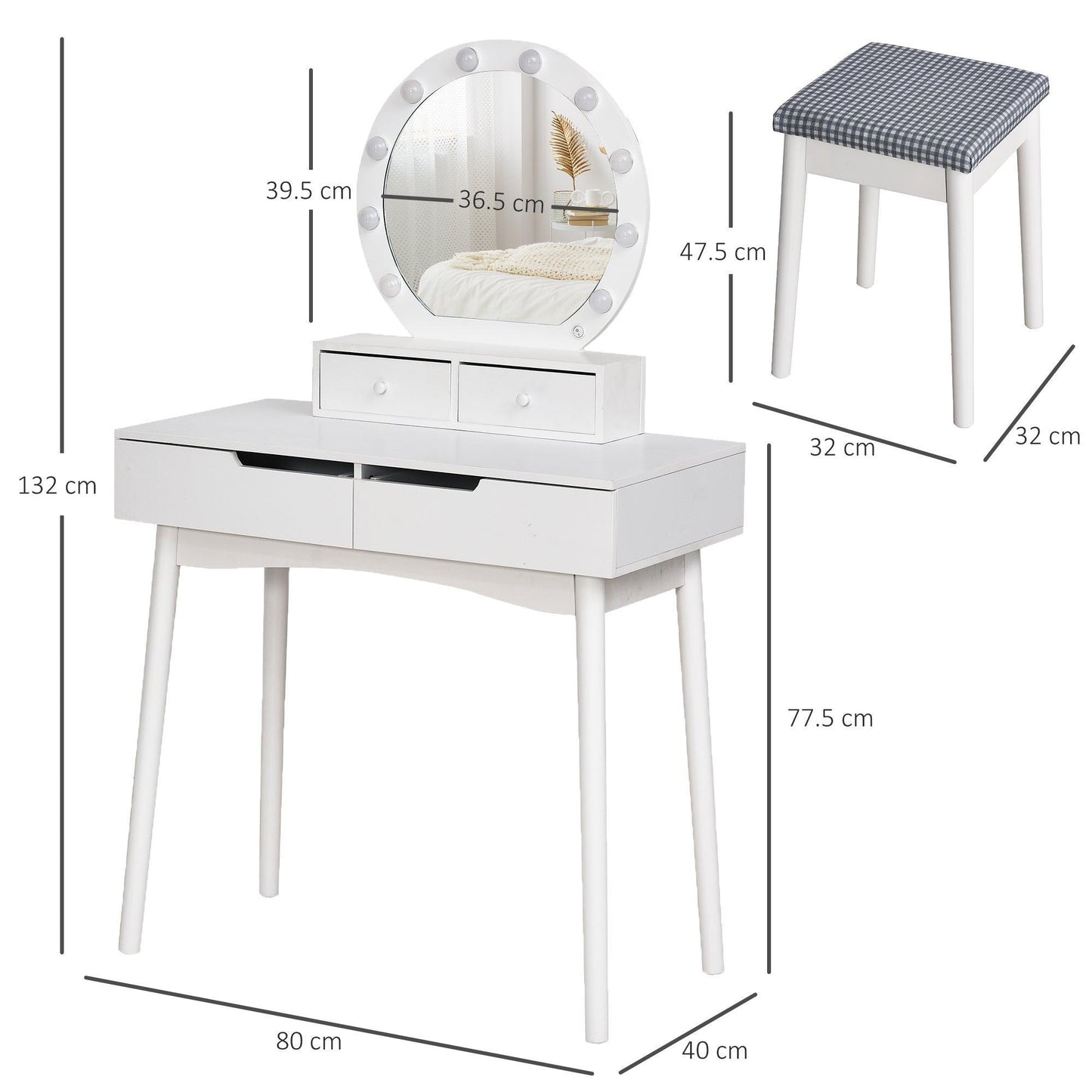 HOMCOM White Makeup Dresser with LED Light and 4 Drawers - ALL4U RETAILER LTD