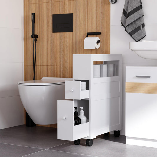 HOMCOM White Narrow Bathroom Cabinet - Compact Rolling Design - ALL4U RETAILER LTD