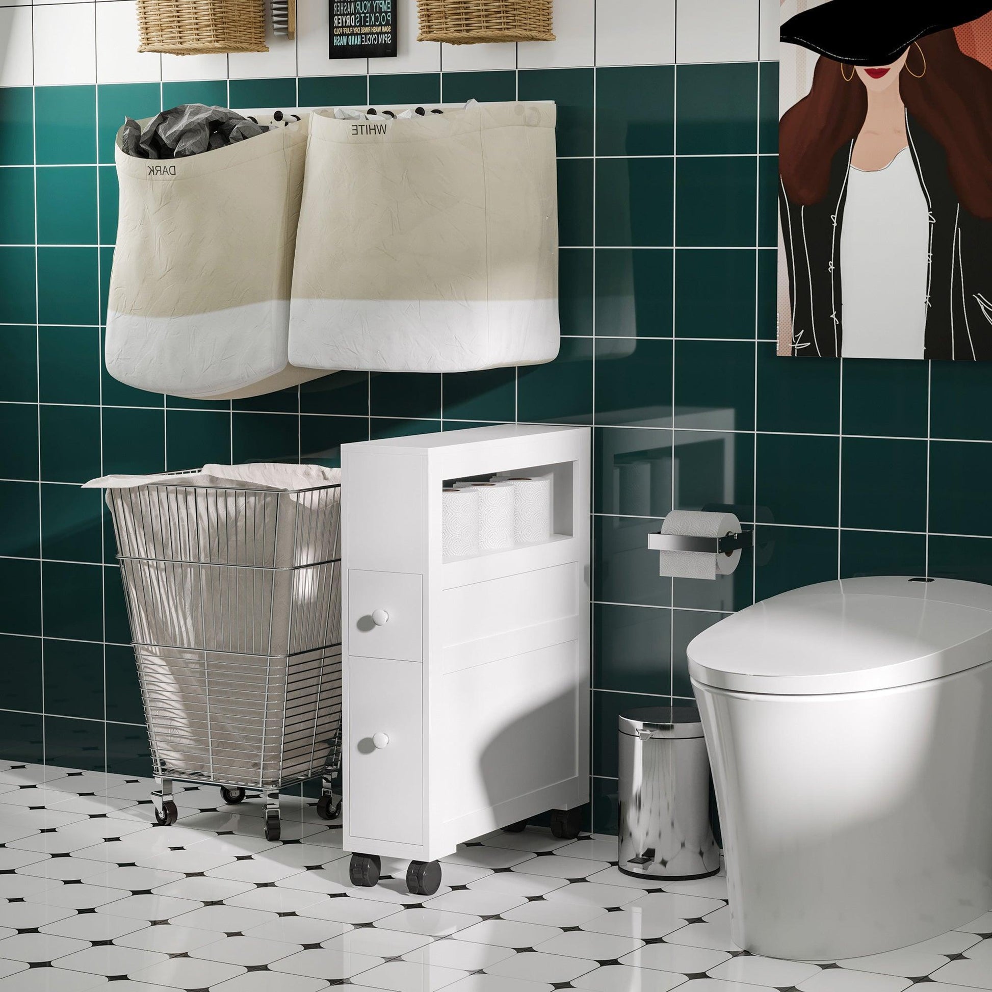 HOMCOM White Narrow Bathroom Cabinet - Compact Rolling Design - ALL4U RETAILER LTD