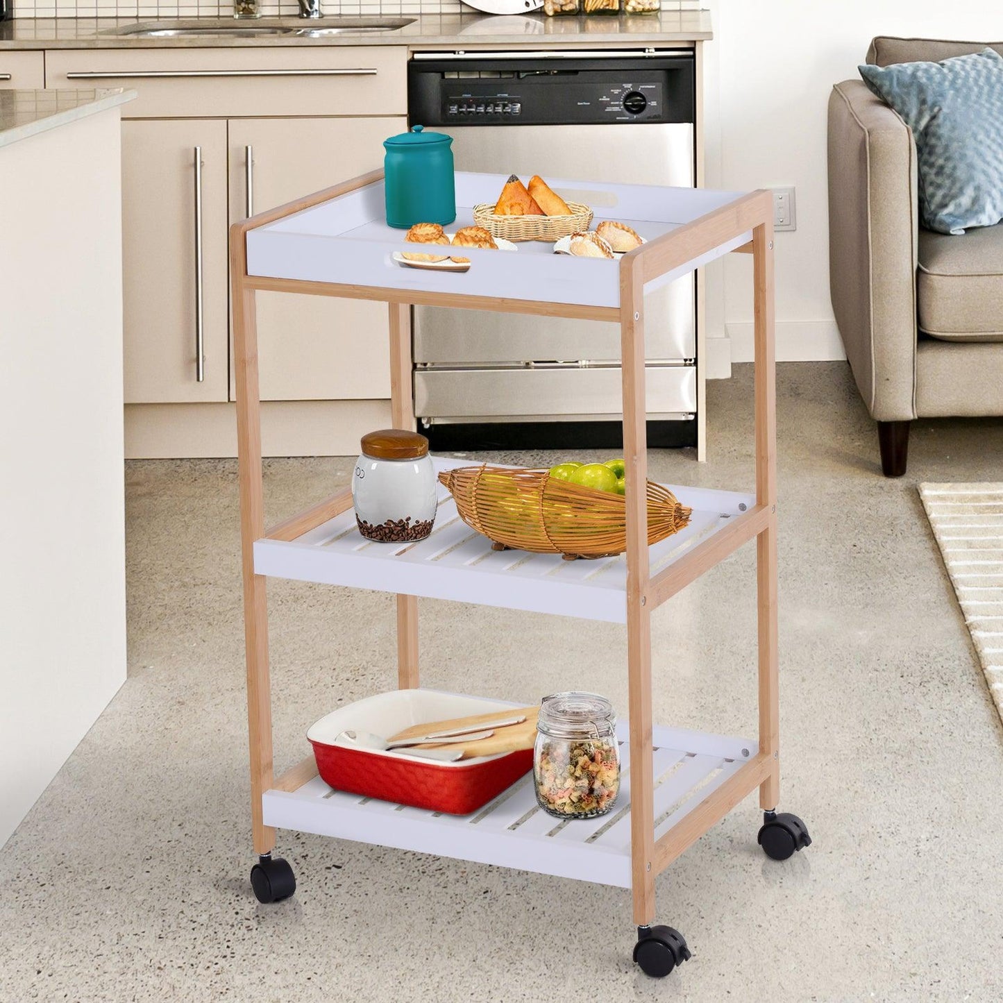 HOMCOM White Rolling Kitchen Cart - 3-Tier Storage - ALL4U RETAILER LTD