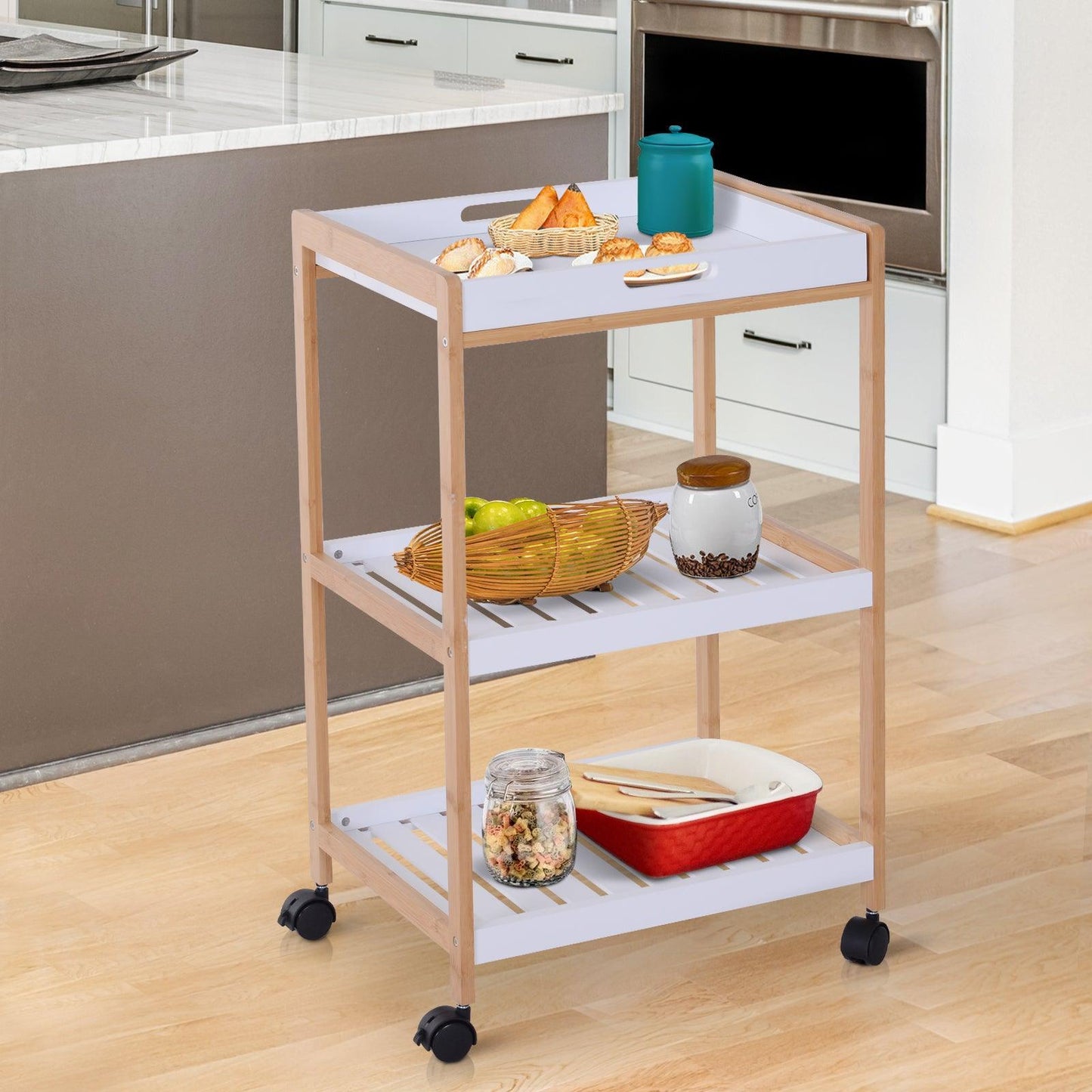 HOMCOM White Rolling Kitchen Cart - 3-Tier Storage - ALL4U RETAILER LTD