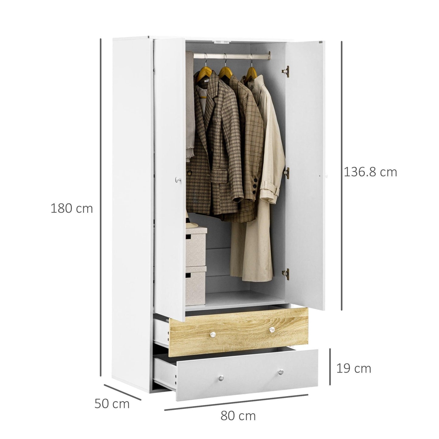 HOMCOM White Wardrobe with Drawers & Hanging Rod - Simplified Storage - ALL4U RETAILER LTD