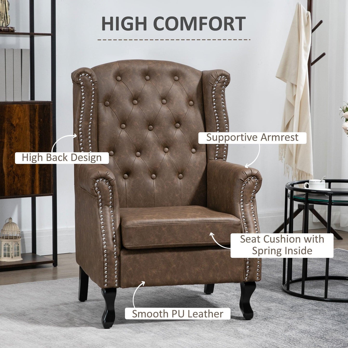 HOMCOM Wingback Accent Chair - Elegant Brown - ALL4U RETAILER LTD