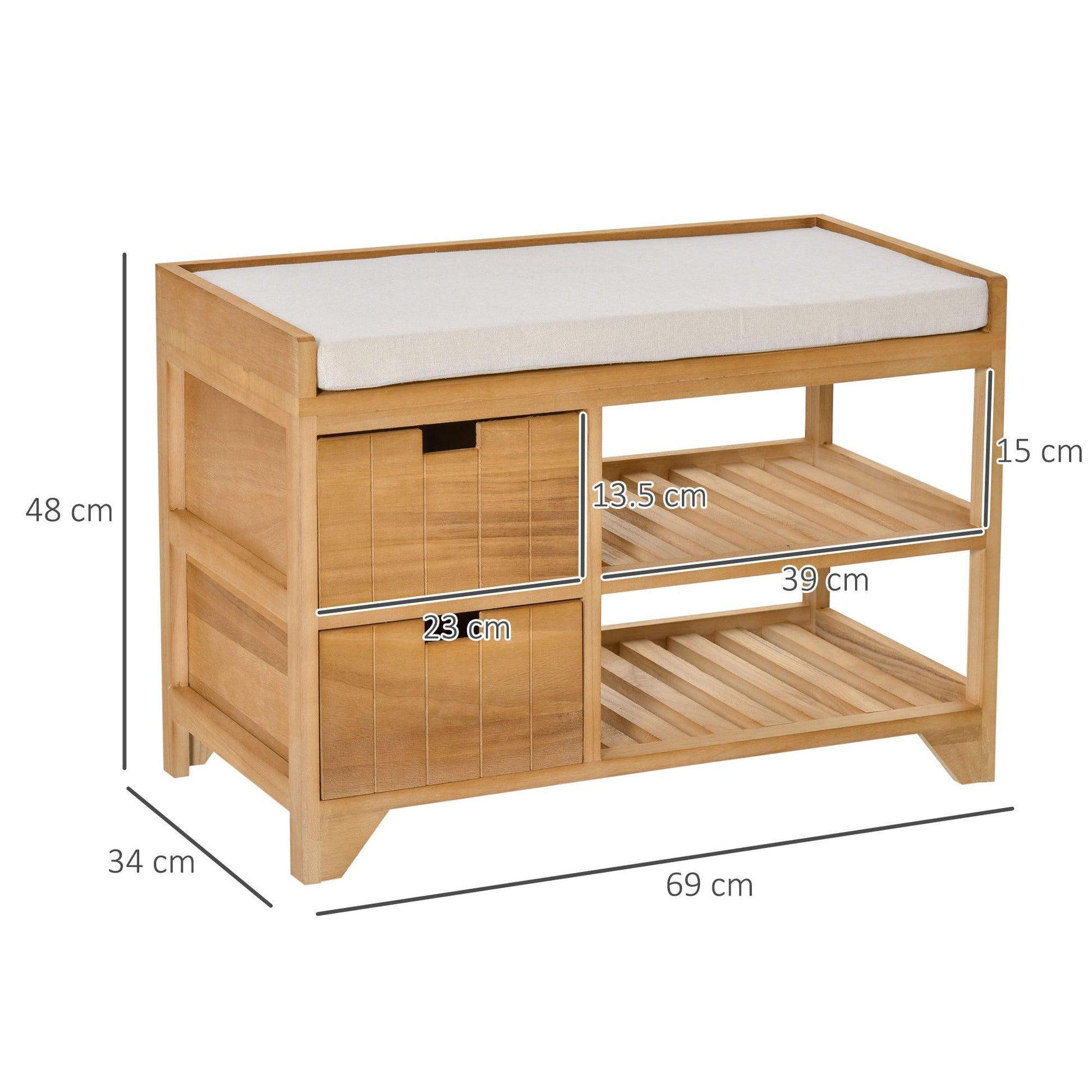 HOMCOM Wooden 2-Tier Shoe Bench with Cushioned Seat and Drawers - ALL4U RETAILER LTD