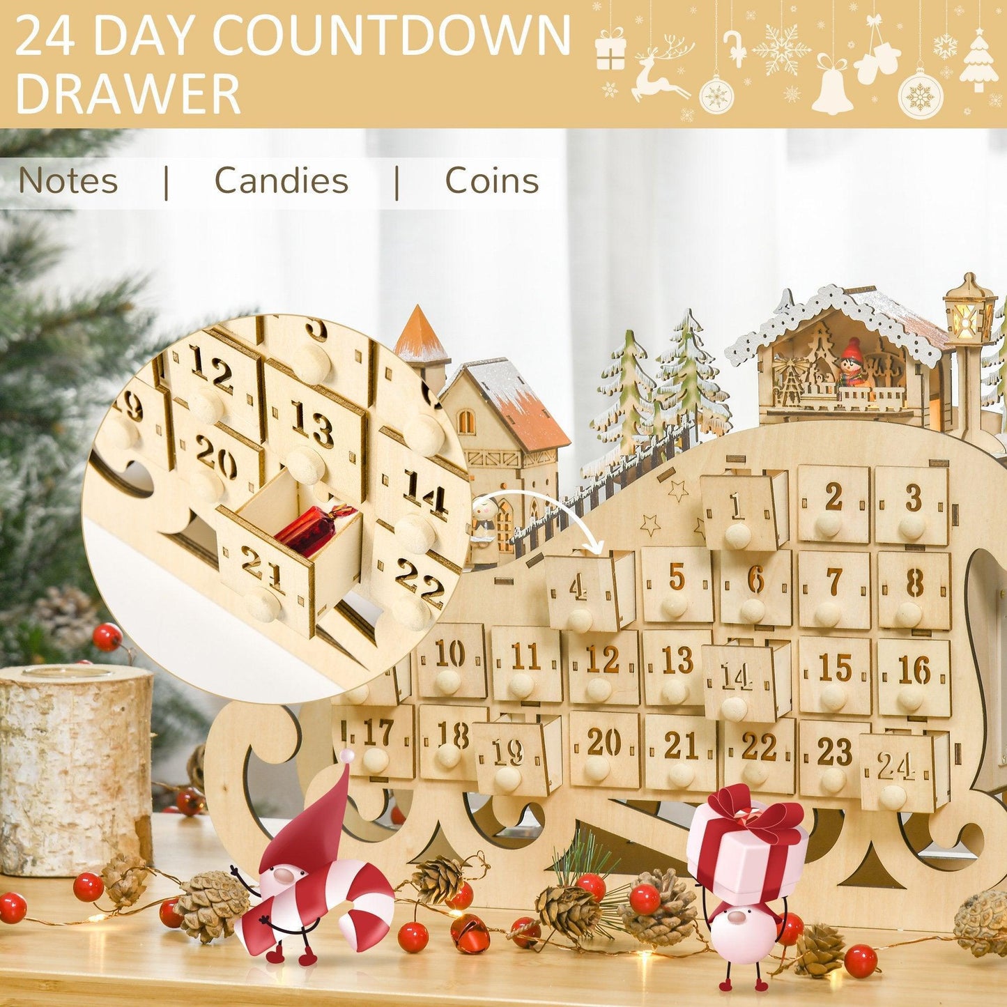 HOMCOM Wooden Advent Calendar - Countdown Drawer, Village - ALL4U RETAILER LTD