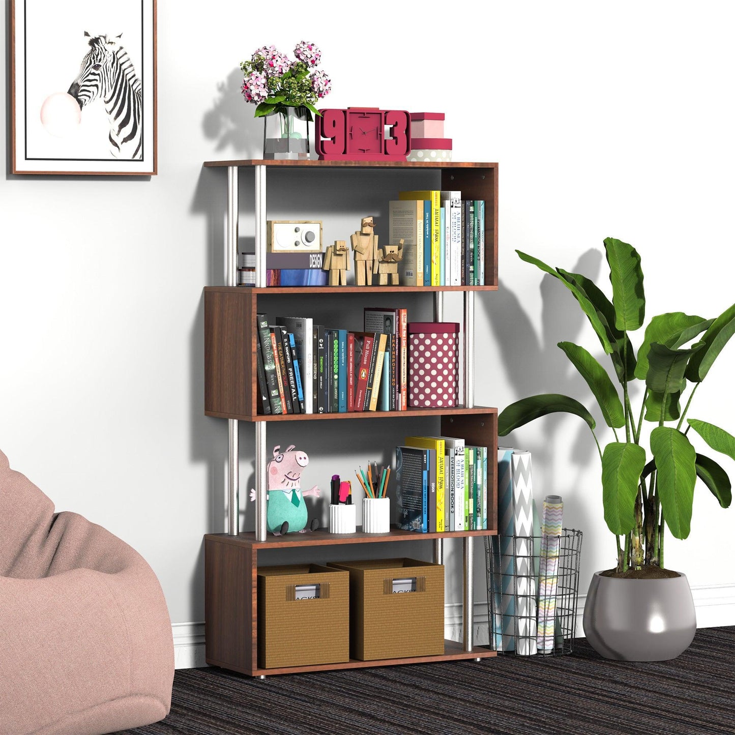 HOMCOM Wooden Bookcase with Steel Frame - ALL4U RETAILER LTD