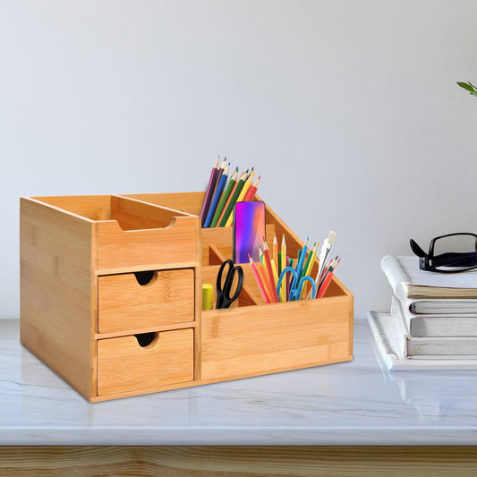 HOMCOM Wooden Desk Organiser with 7 Compartments & 2 Drawers - ALL4U RETAILER LTD
