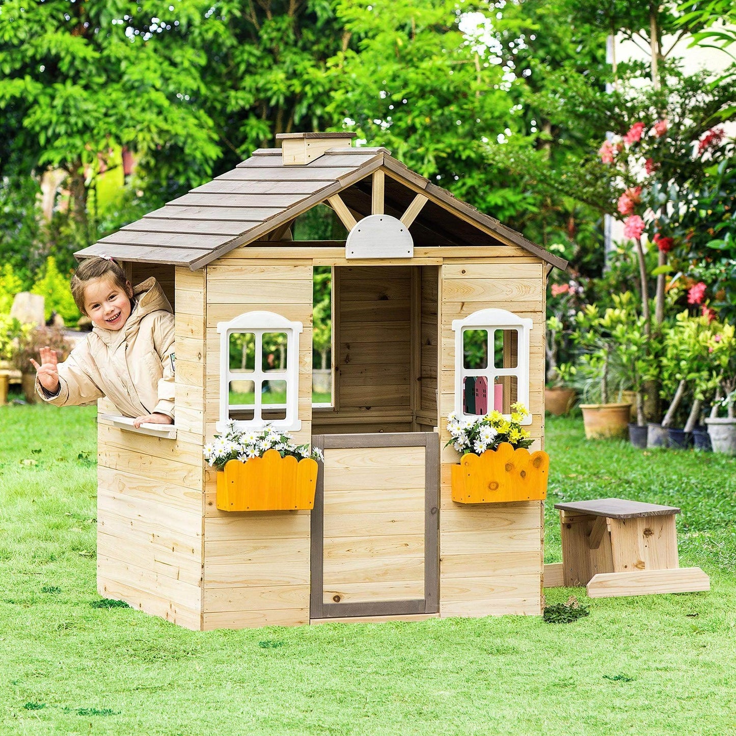 HOMCOM Wooden Kids Playhouse: Outdoor Cottage for Ages 3-7 - ALL4U RETAILER LTD