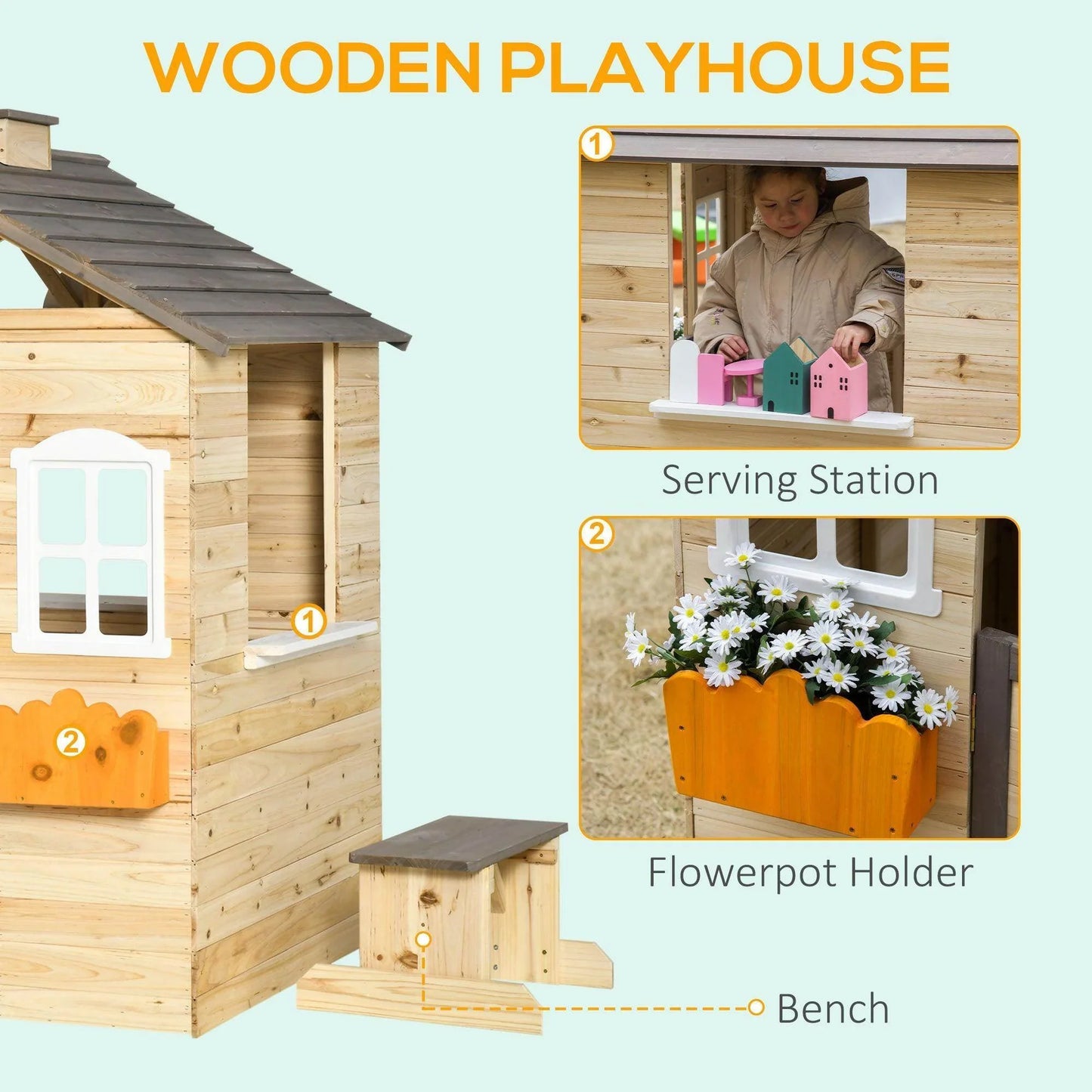HOMCOM Wooden Kids Playhouse: Outdoor Cottage for Ages 3-7 - ALL4U RETAILER LTD