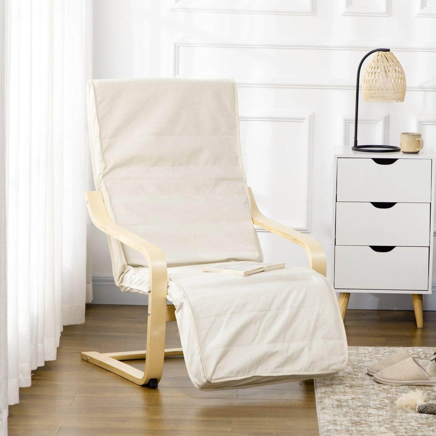 Wooden lounging chair with cream cushion and adjustable footrest, reclined for comfort