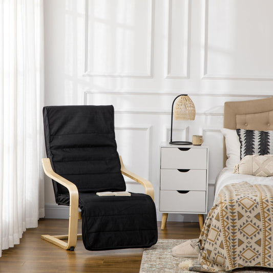 HOMCOM Wooden Reclining Lounge Chair with Footrest - Black - ALL4U RETAILER LTD