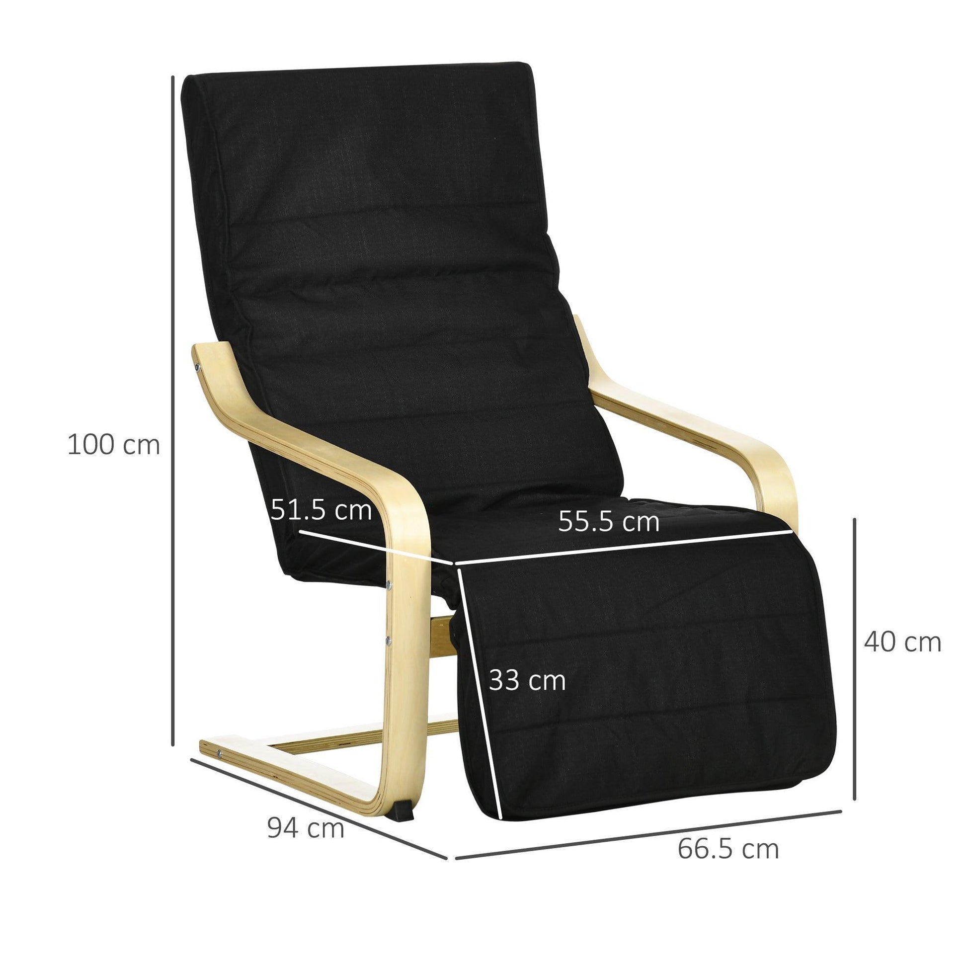 HOMCOM Wooden Reclining Lounge Chair with Footrest - Black - ALL4U RETAILER LTD