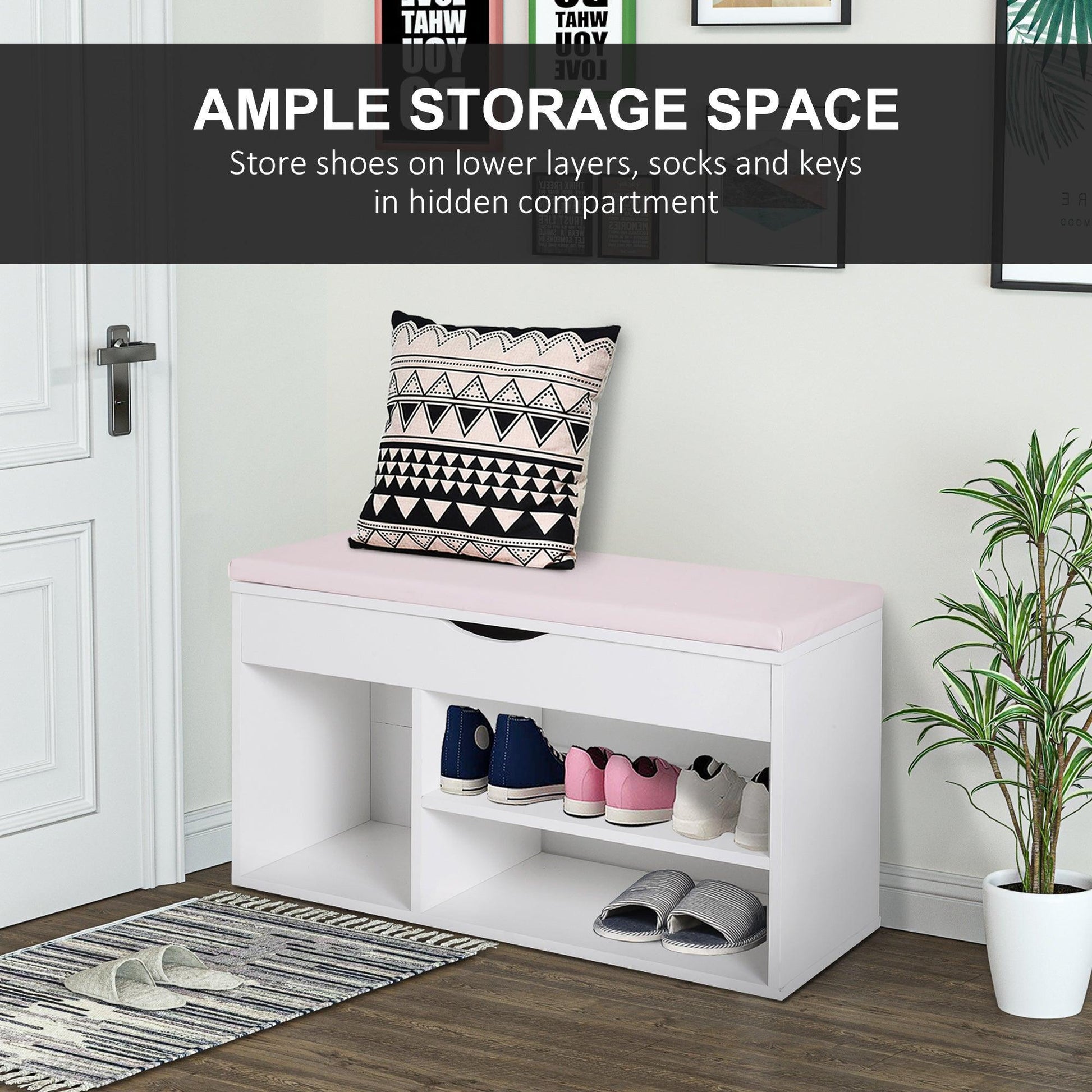 HOMCOM Wooden Shoe Cabinet Bench with Hidden Storage - White Pink - ALL4U RETAILER LTD